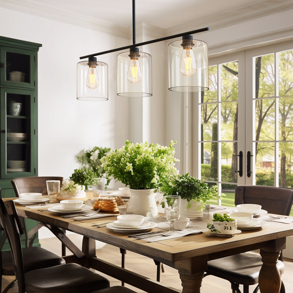 Jandcase Modern 3-Light Kitchen Island Pendant Light, Black Ceiling Fixture with Clear Glass Shades, E26 Hanging Rod Chandelier for Dining Room Kitchen Island