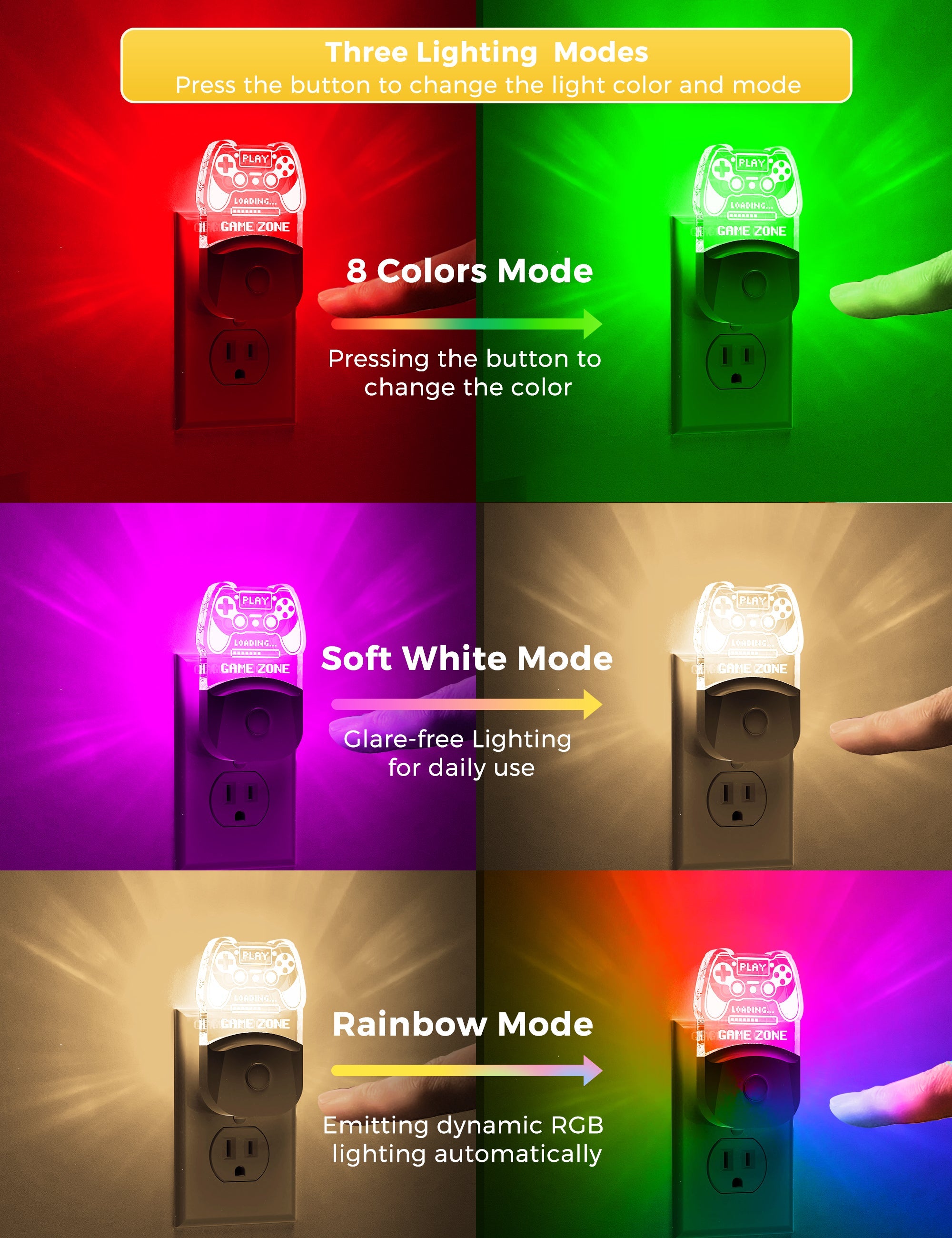 Jandcase 1-Pack 0.5W Plug-in Night Light with Light Sensor, RGB & 3000K Warm Light, Color Changing, Memory Function, White Acrylic, US Plug