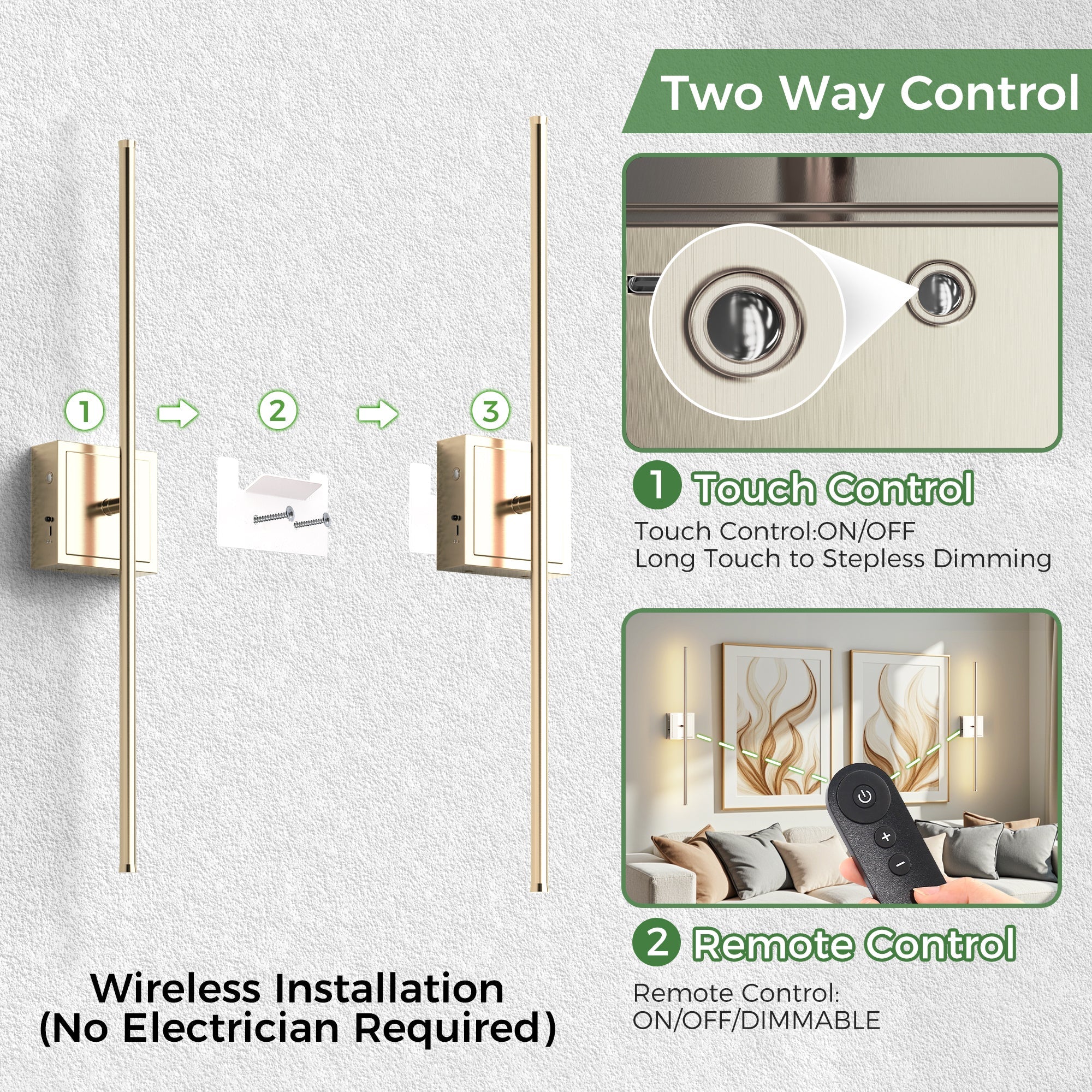 Jandcase 2-Pack LED Indoor Wall Sconce Brushed Nickel Linear Wall Light Remote Control Dimmable 3000K Warm White Modern Fixture