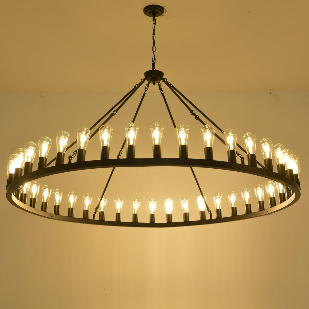 Jandcase 64in. Matte Black Wagon Wheel Chandelier 30-Light E26 Farmhouse Industrial Pendant Light for High Ceiling Dining Room (No Bulbs)