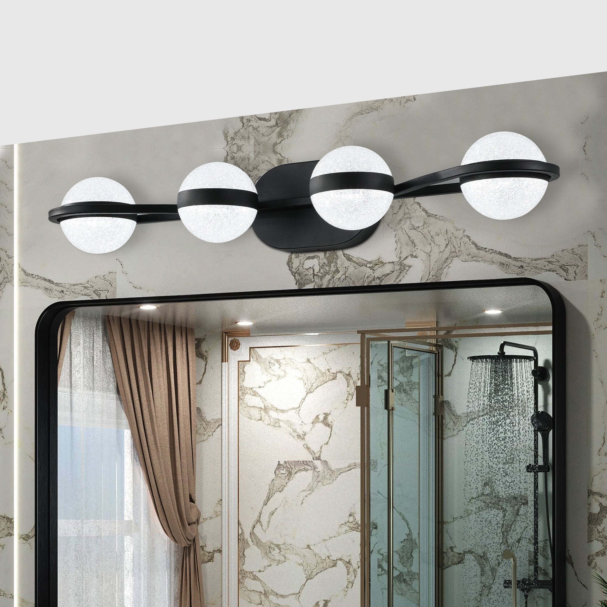 Jandcase 30"Black LED Bathroom Vanity Light with Crystal Sand Acrylic Shades, 4-Ligh Decorative WallLighting Fixturefor Bathroom Vanity Mirror