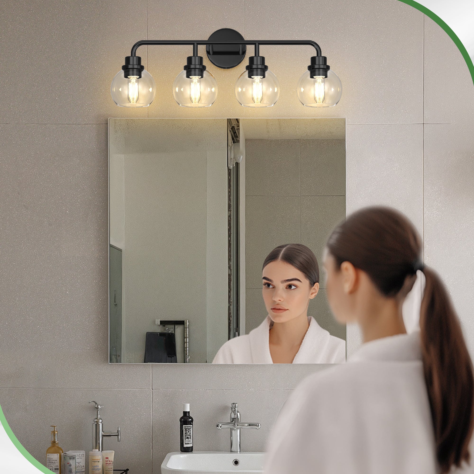 Jandcase 4-Light Black Vanity Light Fixture with Clear Globe Glass Shades Modern Bathroom Wall Sconce E26