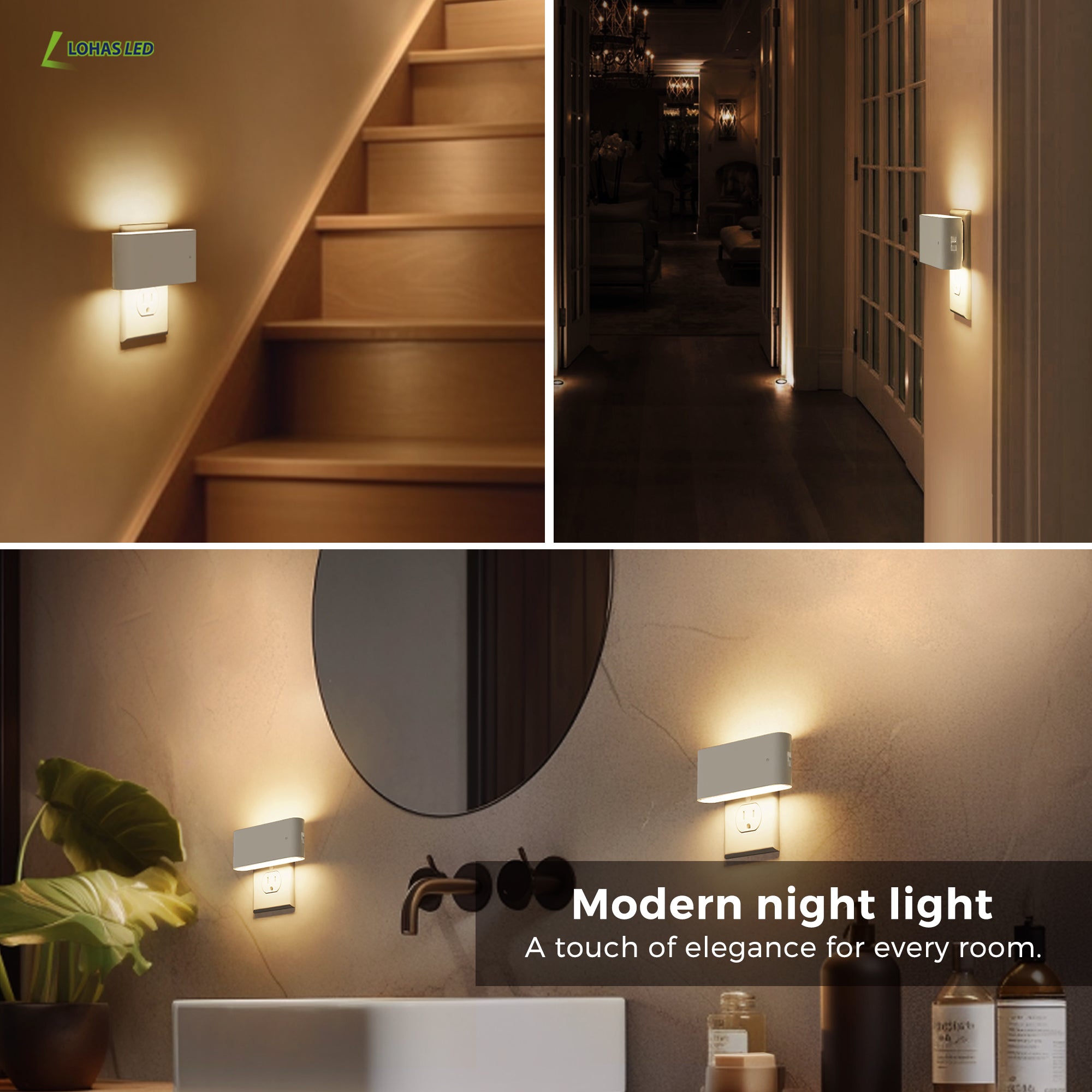 Jandcase 2-Pack 1W Plug-in Wall Night Lights, White Horizontal, Warm White 3000K, Up & Down Lighting, Dimmable