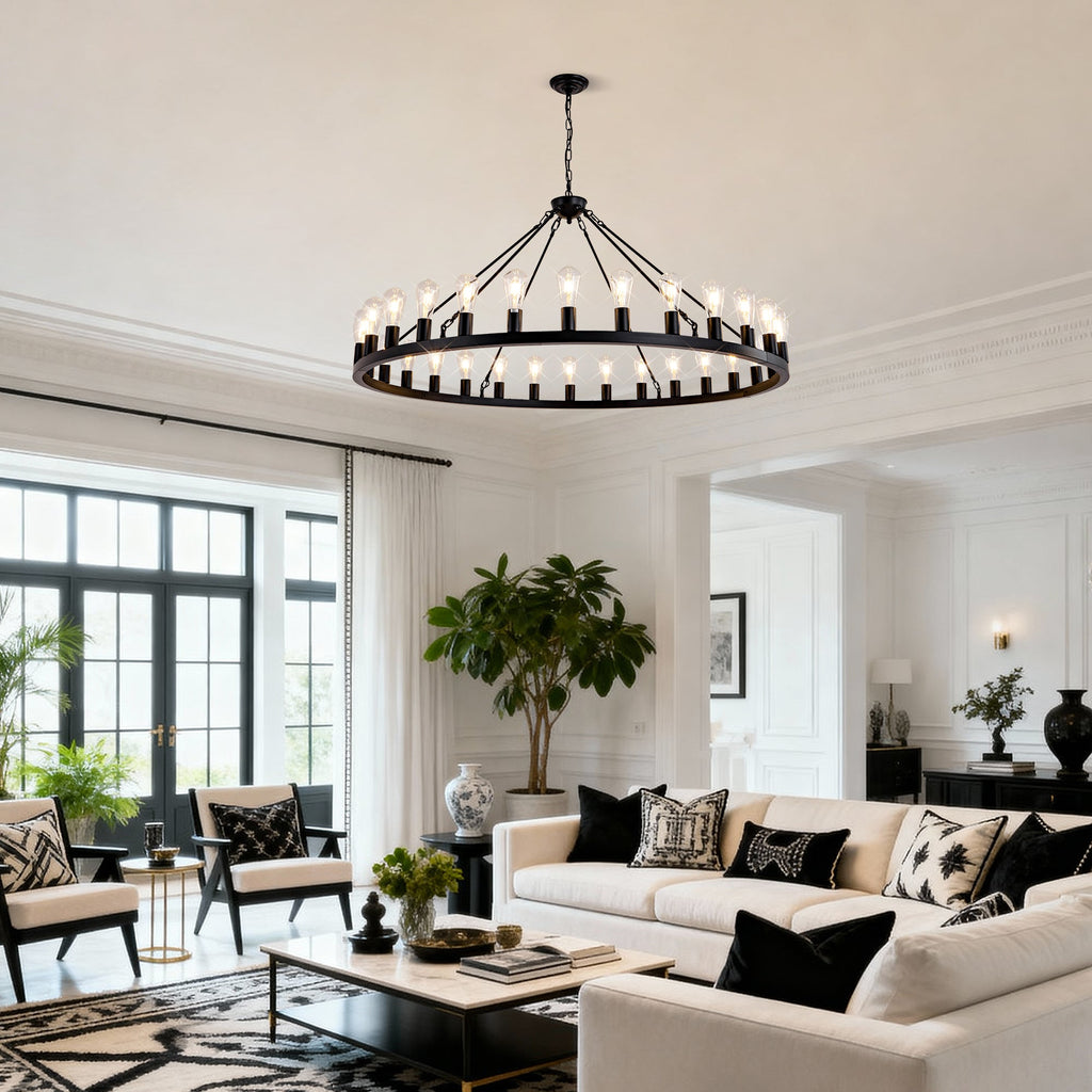 Jandcase 64in. Matte Black Wagon Wheel Chandelier 30-Light E26 Farmhouse Industrial Pendant Light for High Ceiling Dining Room (No Bulbs)