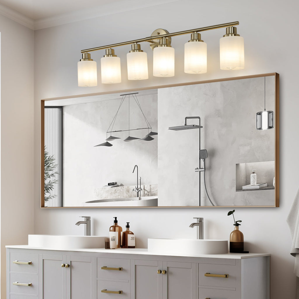 Jandcase Golden Modern Minimalist Bathroom Vanity Light, 6-Light Wall Sconce, Iron & Glass, E26 Base, Hard-Wired (Bulbs Not Included)