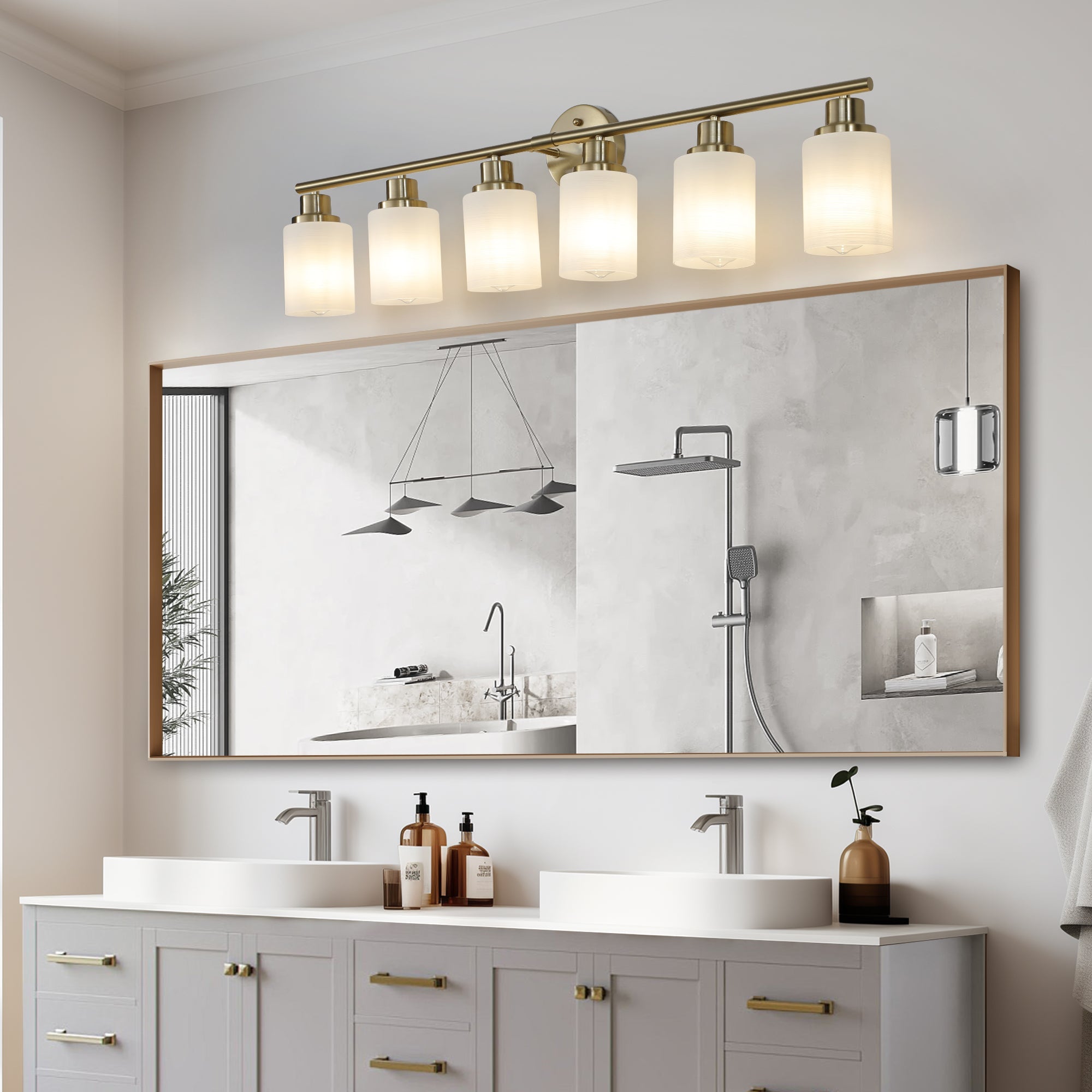 Jandcase Golden Modern Minimalist Bathroom Vanity Light, 6-Light Wall Sconce, Iron & Glass, E26 Base, Hard-Wired (Bulbs Not Included)