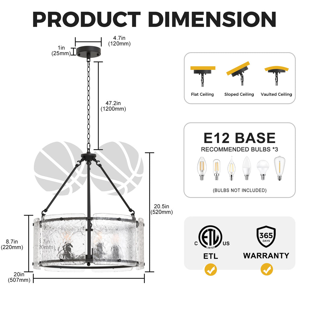 Jandcase 5-Light Black Drum Chandelier Pendant Light with Glass Shade and E12 Base for Dining Room, No Bulbs Included