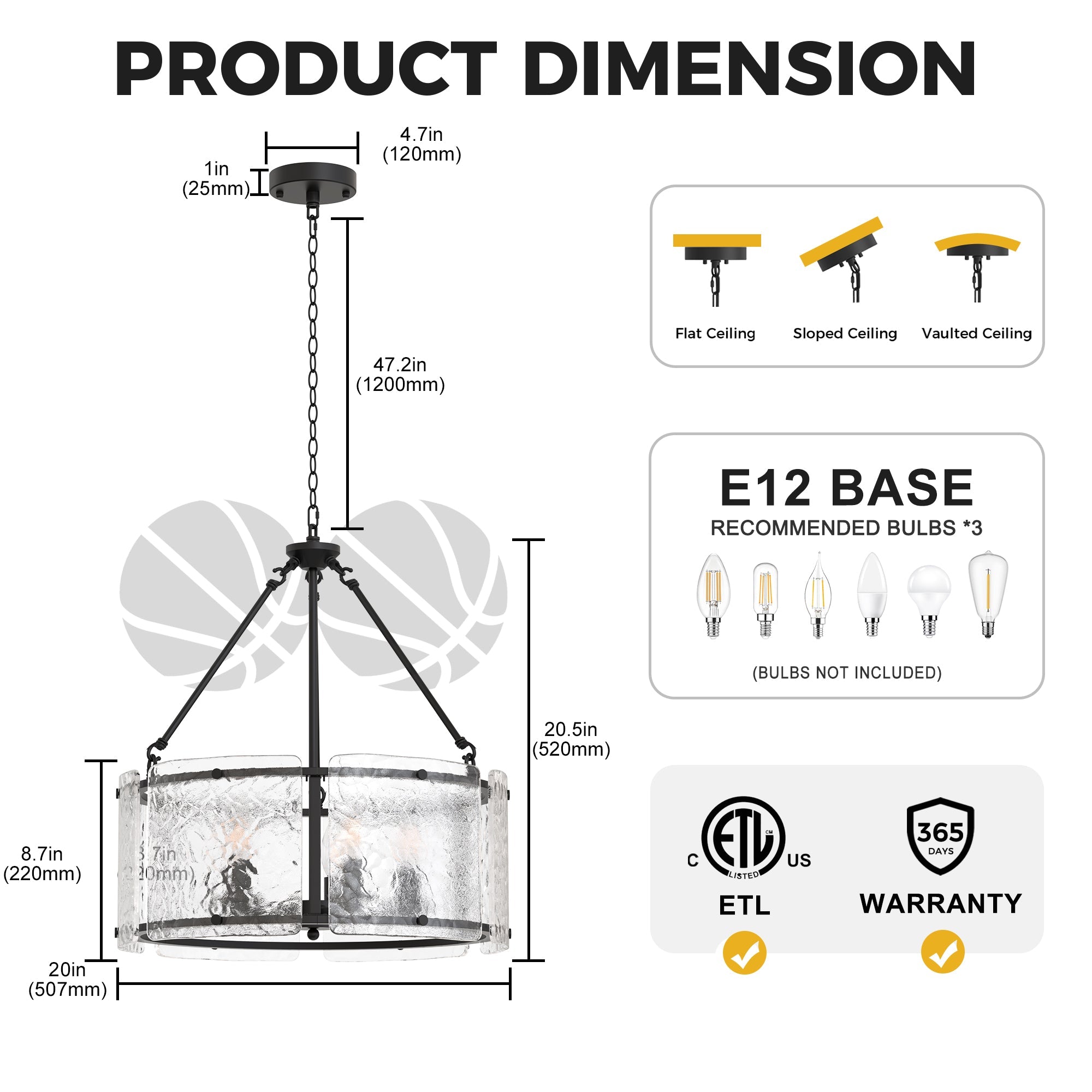 Jandcase 5-Light Black Drum Chandelier Pendant Light with Glass Shade and E12 Base for Dining Room, No Bulbs Included