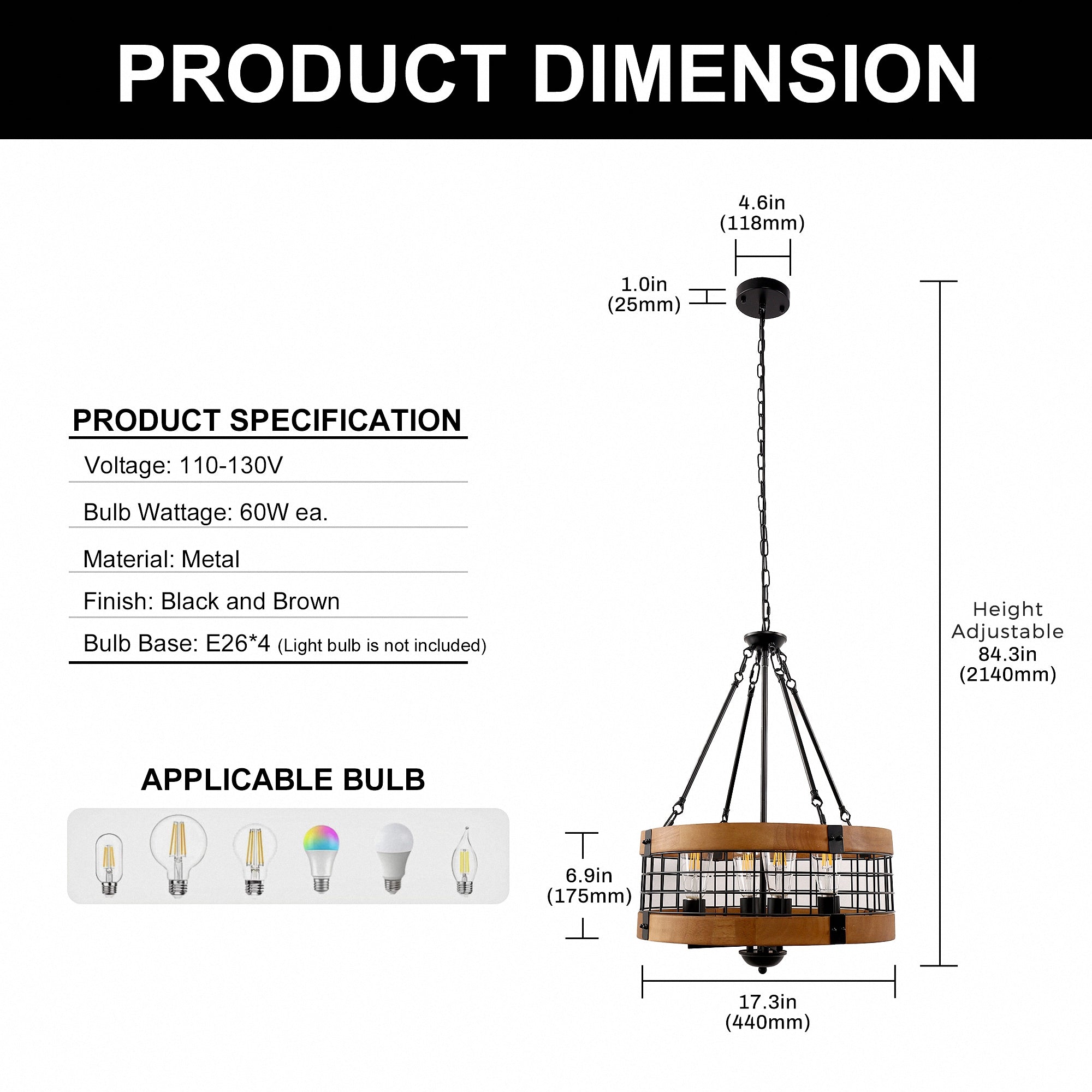 Jandcase 4-Light Matte Black Brown Drum Chandelier Industrial Metal Mesh Pendant Light Fixture E26