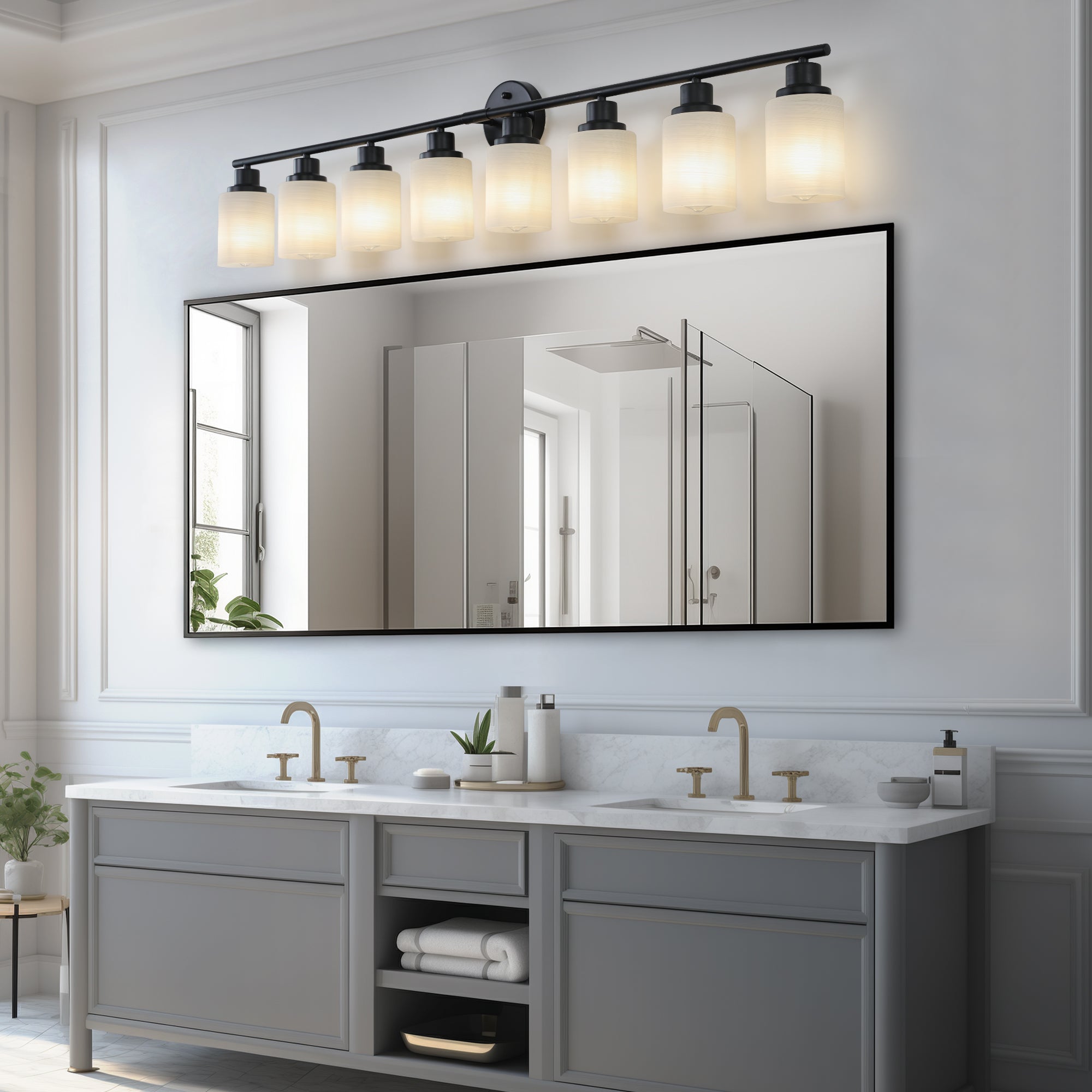 Jandcase Black & White Modern Bathroom Vanity Light, 8-Light Wall Sconce, Iron & Frosted Glass, E26 Base, Hard-Wired (Bulbs Not Included)