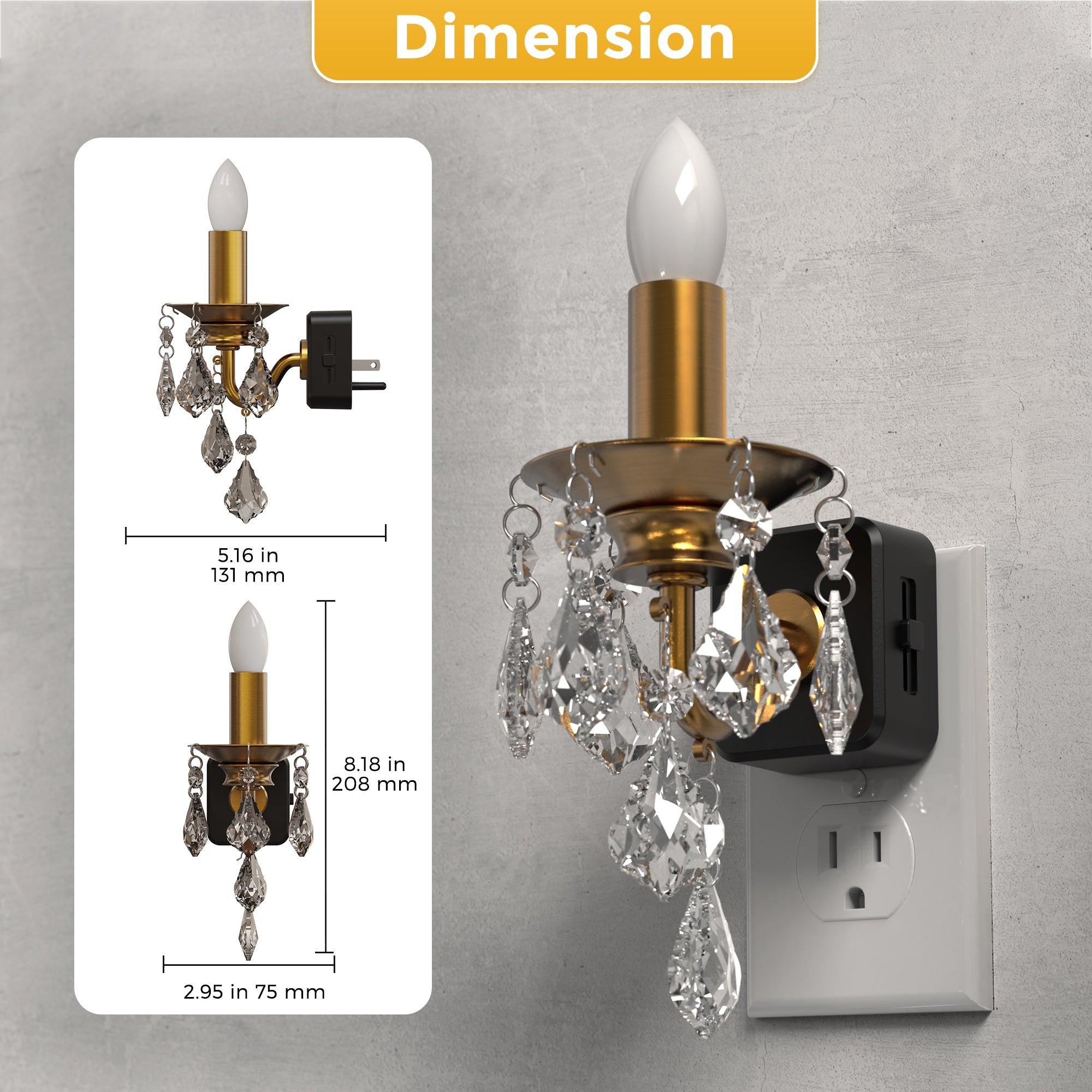 Jandcase 1W Plug-in Night Light with Amber 1600K, Dusk to Dawn Sensor, Slide Dimmer, Crystal Pendant, E12 Style