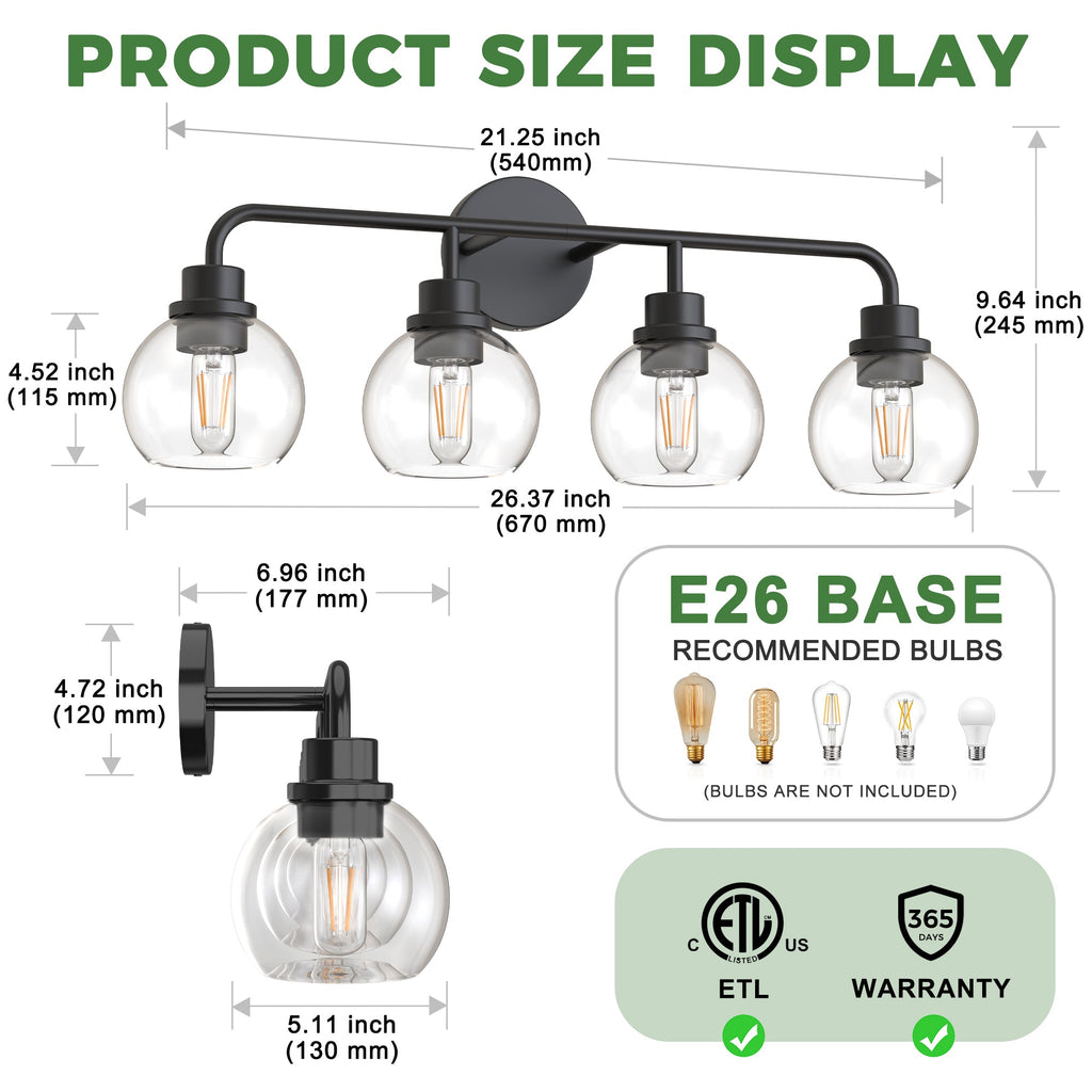 Jandcase 4-Light Black Vanity Light Fixture with Clear Globe Glass Shades Modern Bathroom Wall Sconce E26