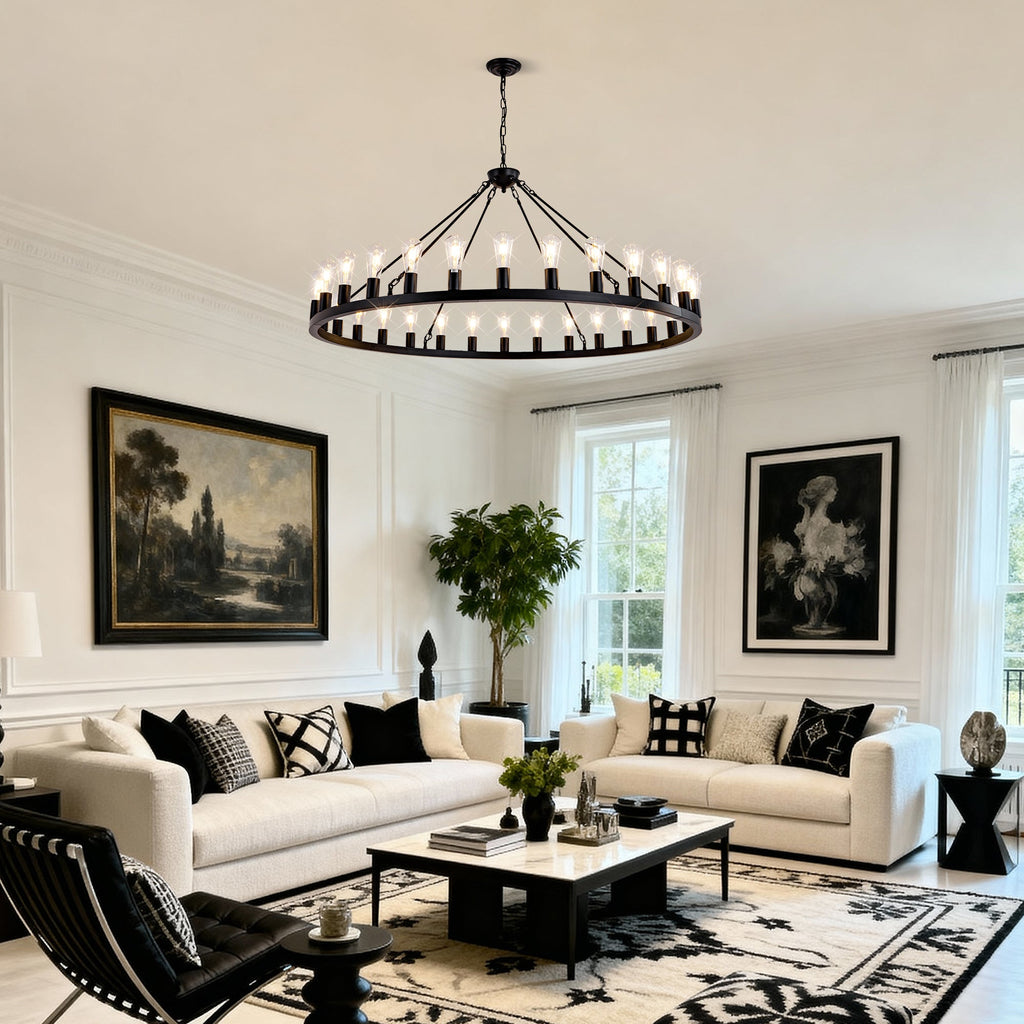 Jandcase 64in. Matte Black Wagon Wheel Chandelier 30-Light E26 Farmhouse Industrial Pendant Light for High Ceiling Dining Room (No Bulbs)