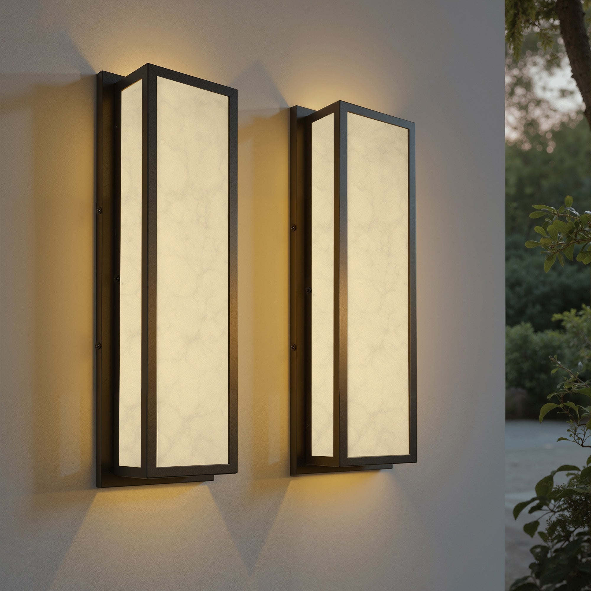 Jandcase 24.8in Outdoor LED Wall Light, IP65 Waterproof Rectangular Wall Sconce, 30W 3000K Warm Light Faux Alabaster Shade Exterior Fixture