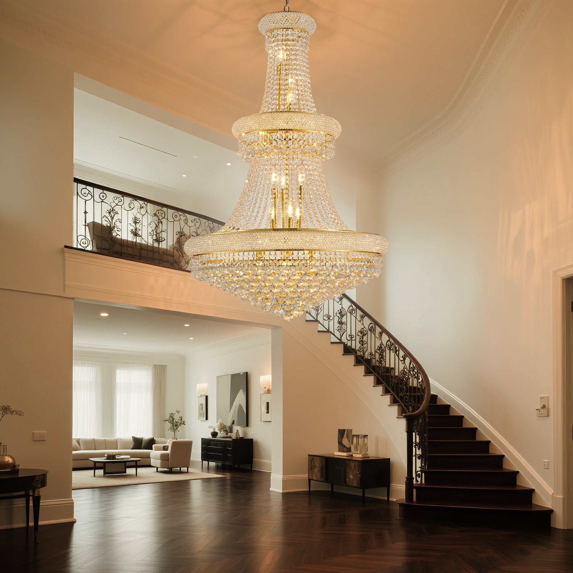 Jandcase 32in.Gold Crystal Chandelier 27-Light French Empire LED Bulbs Included Adjustable Chain 3000K Warm Light for Living Room Dining Room Foyer