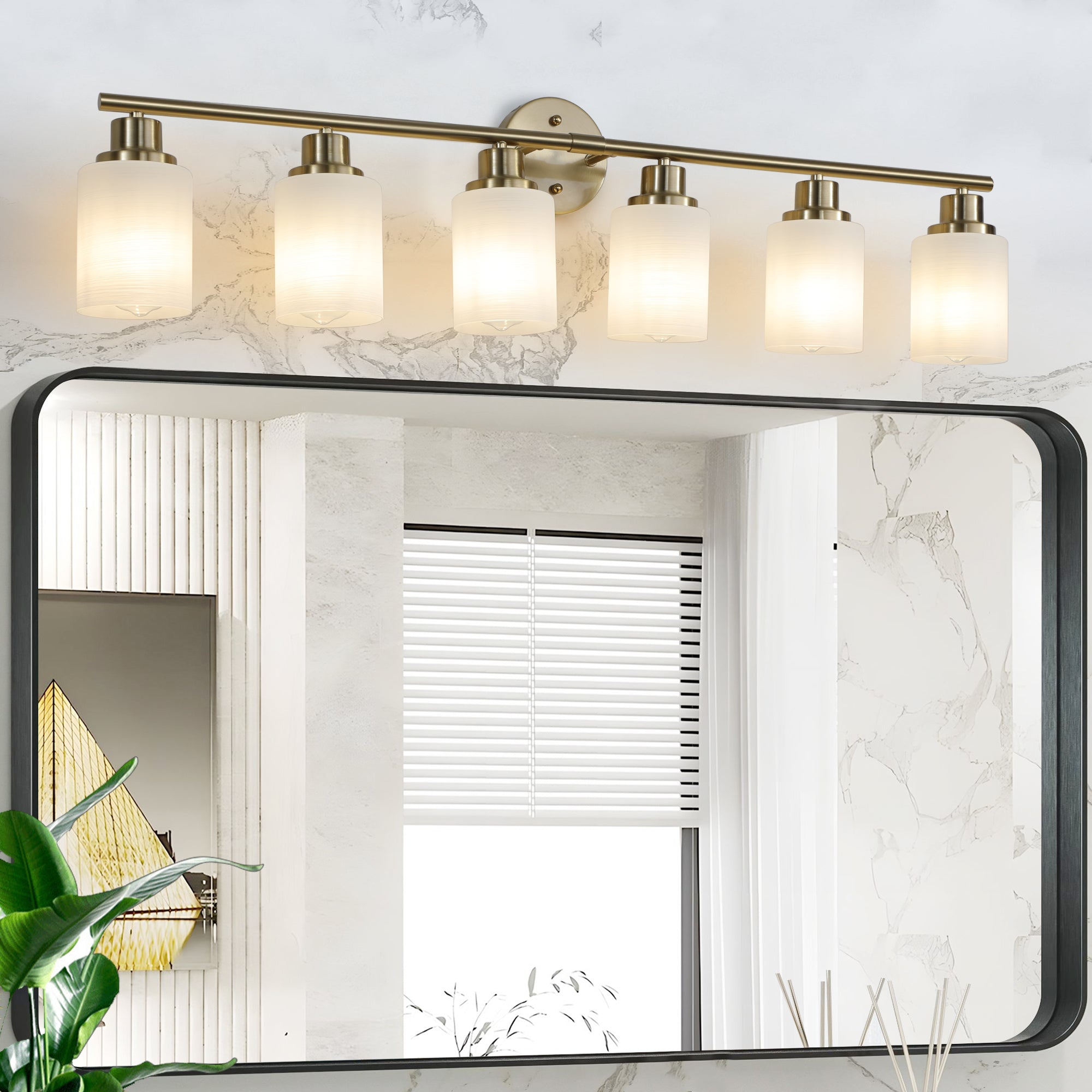 Jandcase Golden Modern Minimalist Bathroom Vanity Light, 6-Light Wall Sconce, Iron & Glass, E26 Base, Hard-Wired (Bulbs Not Included)