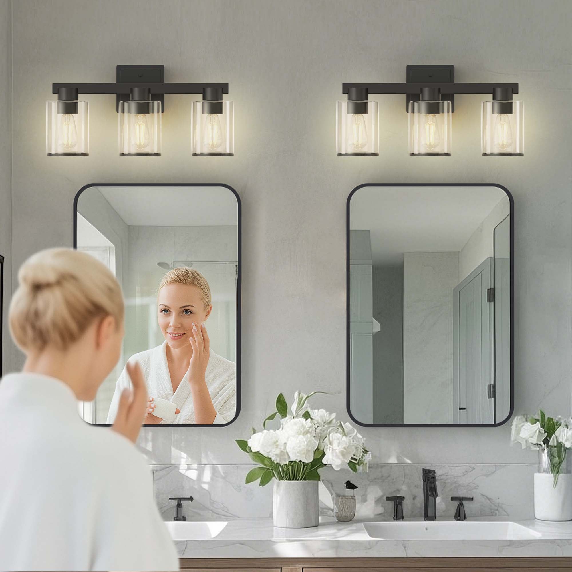 Jandcase 3-Light Industrial Bathroom Vanity Light Matte Black Glass Wall Fixture ETL Certified E26