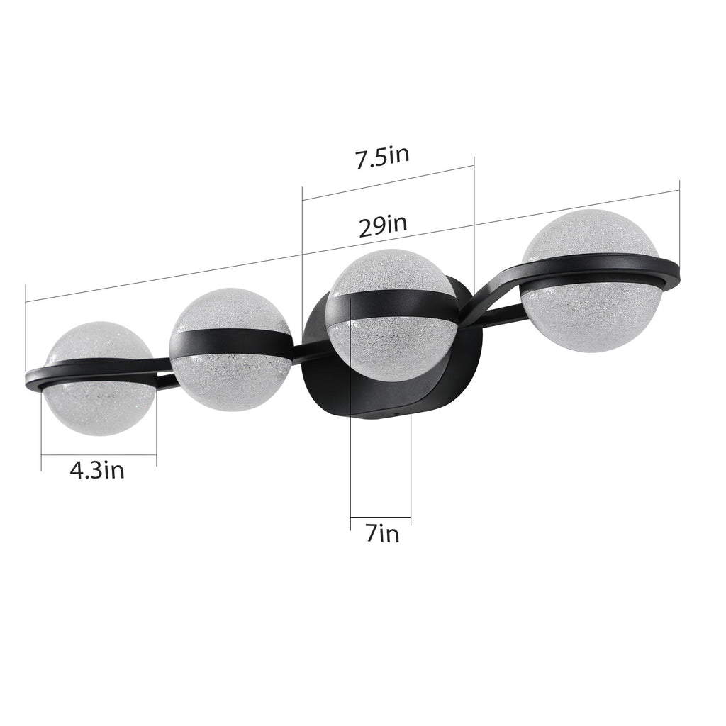 Jandcase 30"Black LED Bathroom Vanity Light with Crystal Sand Acrylic Shades, 4-Ligh Decorative WallLighting Fixturefor Bathroom Vanity Mirror