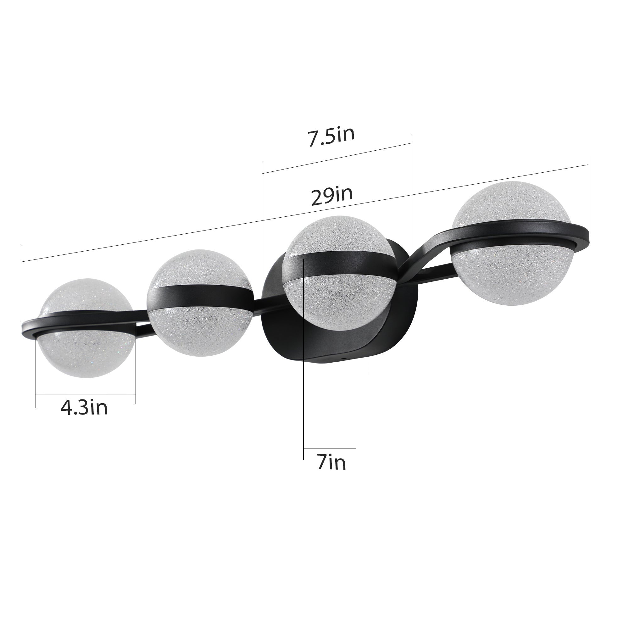 Jandcase 30"Black LED Bathroom Vanity Light with Crystal Sand Acrylic Shades, 4-Ligh Decorative WallLighting Fixturefor Bathroom Vanity Mirror