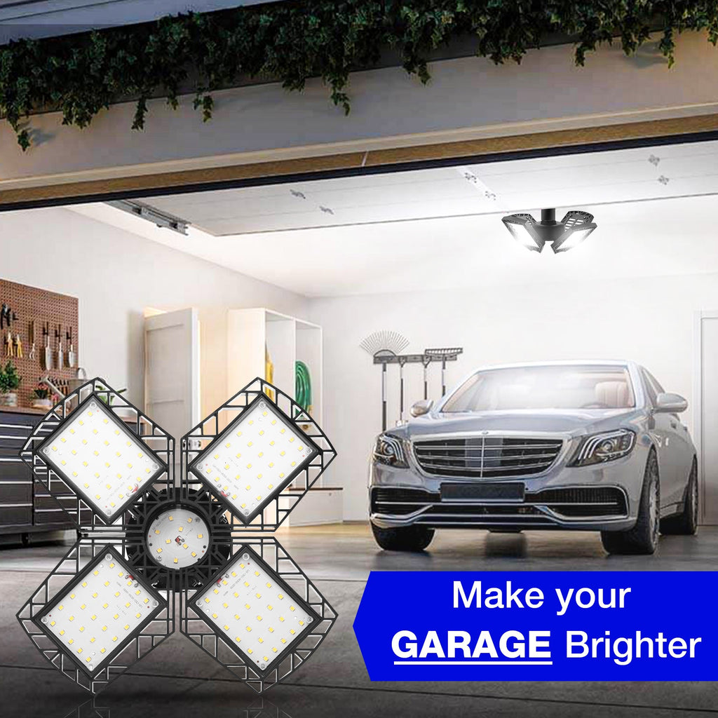 Jandcase LED Garage Light 4 Panel E26, 8000LM 6000K Deformable Ceiling Light, 38W High Brightness Shop Light for Garage Basement Workshop