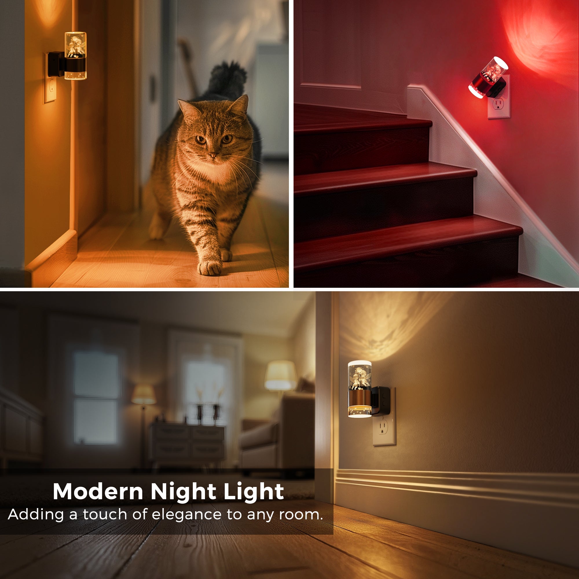 Jandcase 2-Pack Plug-in Photocell Night Light, Warm Glow Dimmable Wall Sconce Style Lighting with Metal & Acrylic Accents