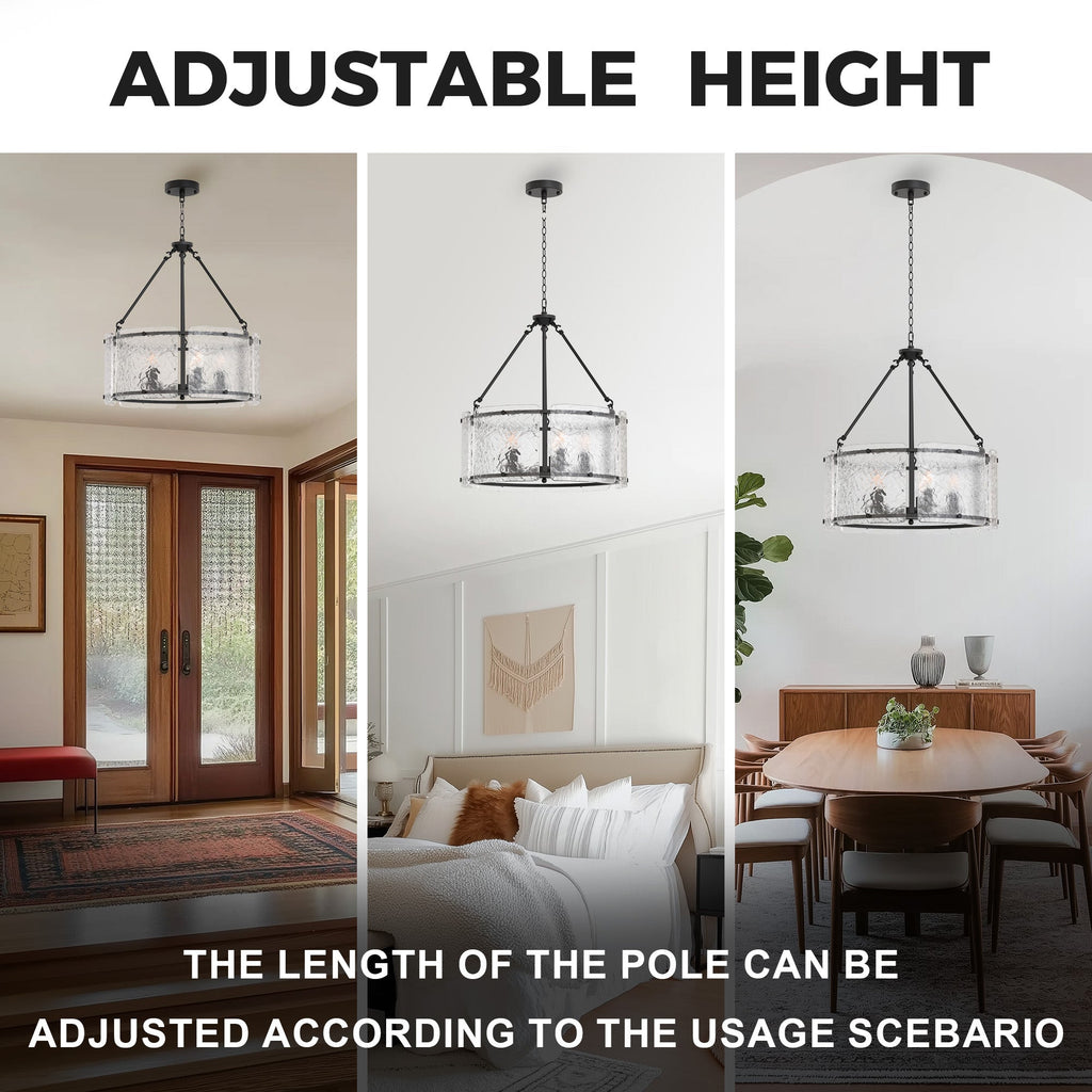 Jandcase 5-Light Black Drum Chandelier Pendant Light with Glass Shade and E12 Base for Dining Room, No Bulbs Included