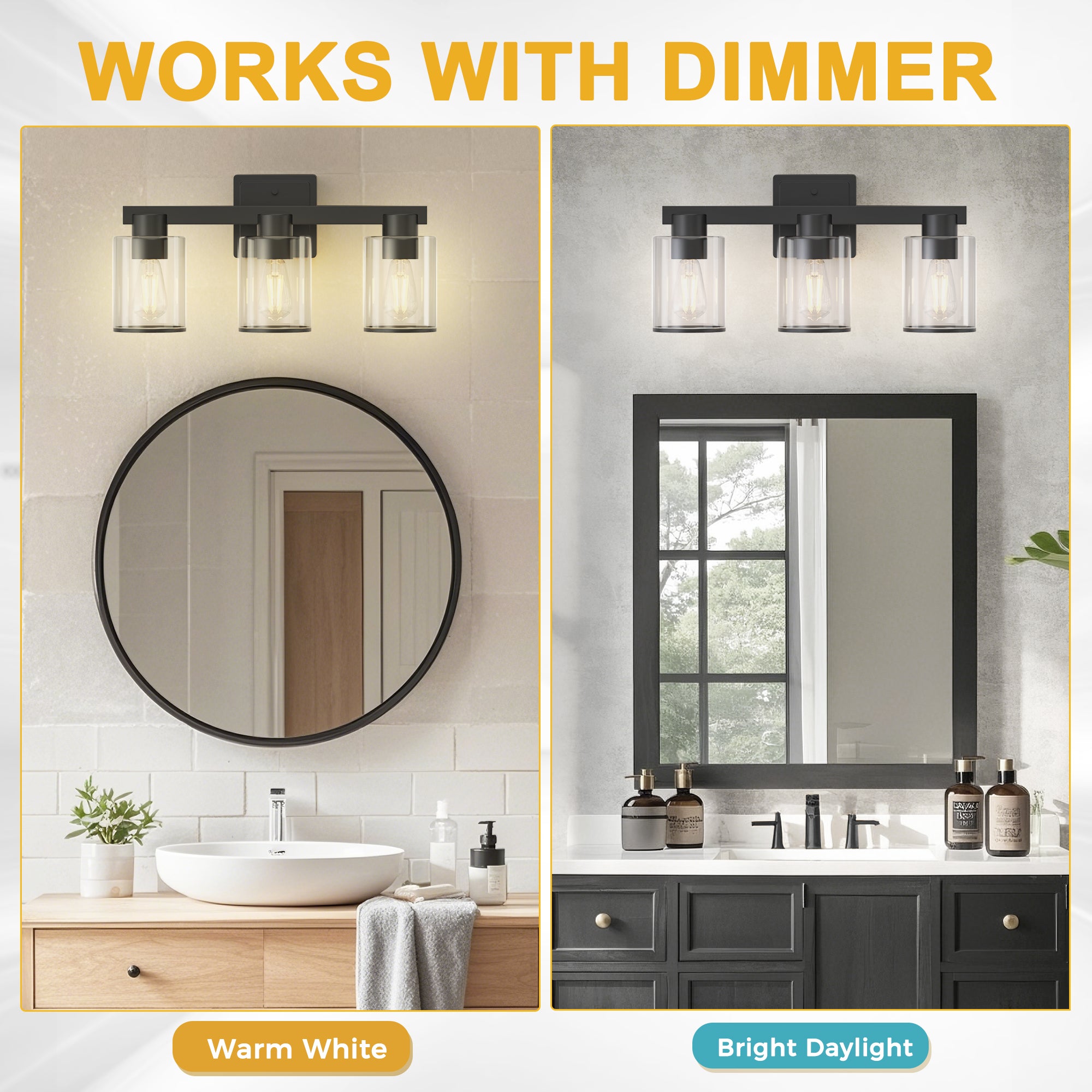Jandcase 3-Light Industrial Bathroom Vanity Light Matte Black Glass Wall Fixture ETL Certified E26