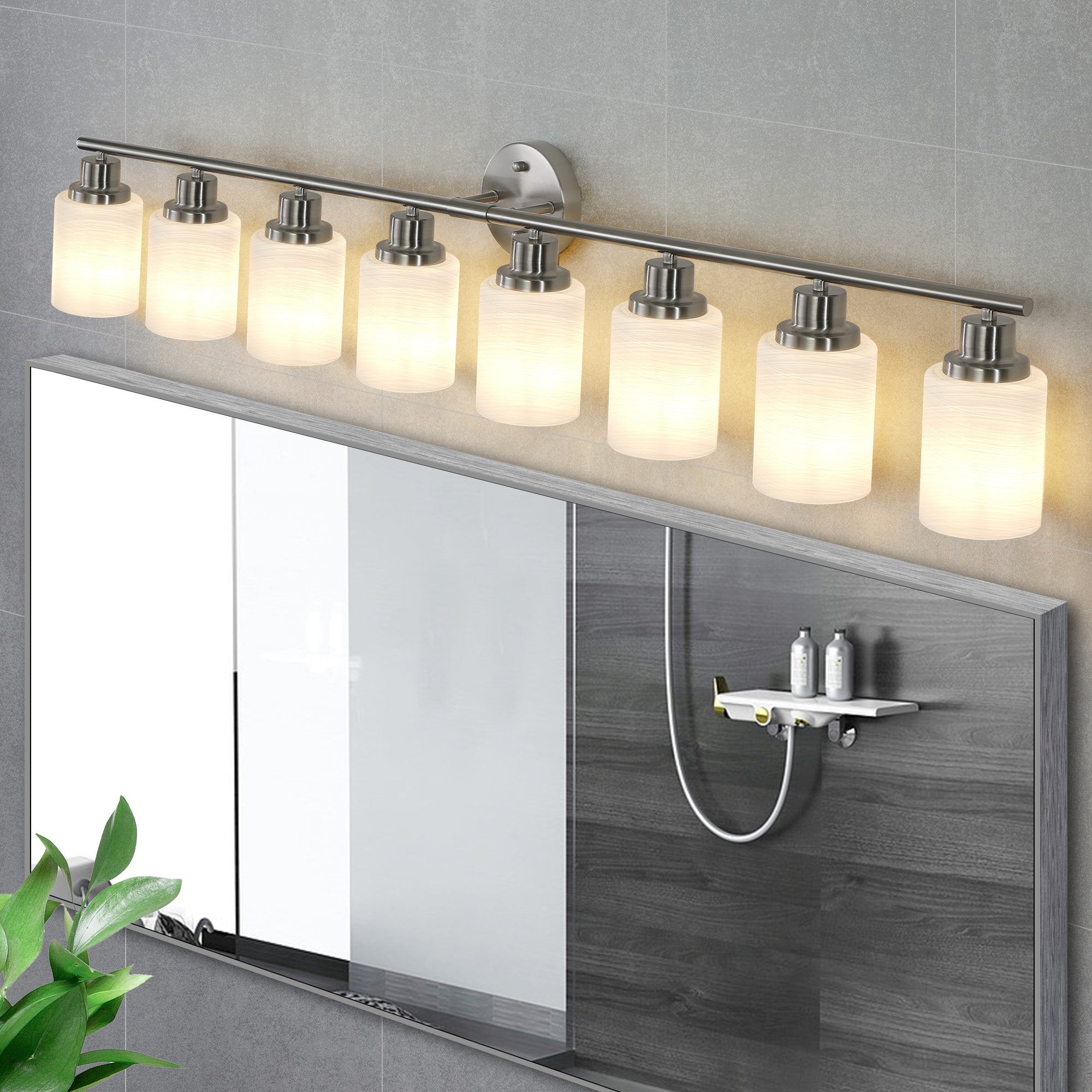 Jandcase Modern 8-Light Vanity Wall Sconce, Brushed Nickel Finish with Frosted Glass Shades for Bathroom or Hallway Lighting (No Bulbs)
