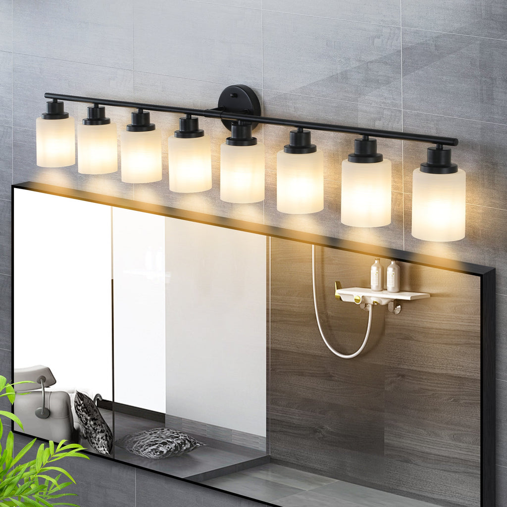 Jandcase Black & White Modern Bathroom Vanity Light, 8-Light Wall Sconce, Iron & Frosted Glass, E26 Base, Hard-Wired (Bulbs Not Included)