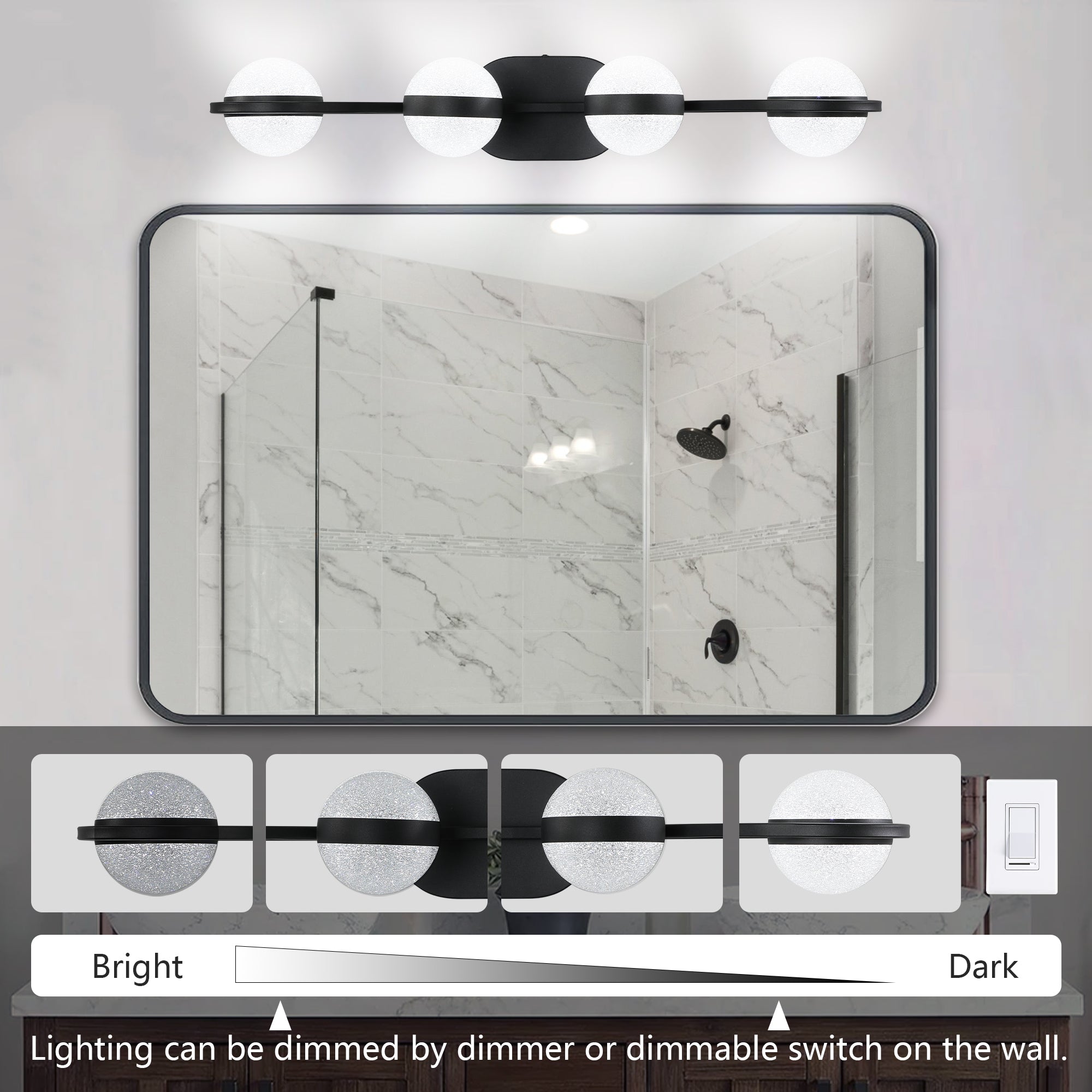 Jandcase 30"Black LED Bathroom Vanity Light with Crystal Sand Acrylic Shades, 4-Ligh Decorative WallLighting Fixturefor Bathroom Vanity Mirror
