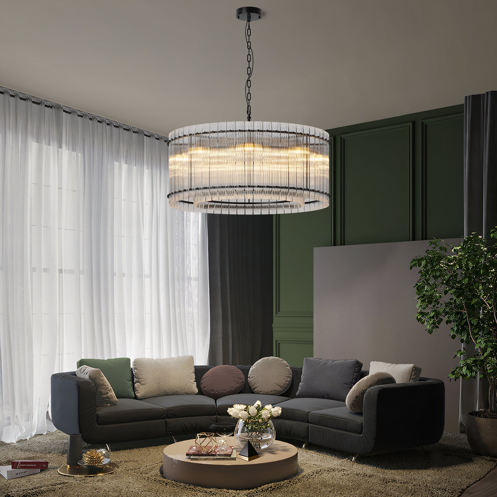 Jandcase 37in. Black 2-Tier 8-Light Water Ripple Crystal Chandelier Modern Ceiling Light for Dining Room Living Room Bedroom Foyer High Ceiling