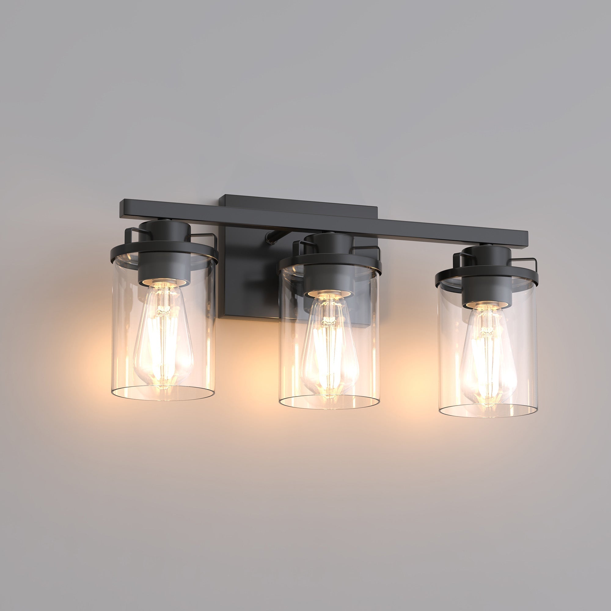 18 in. 3-light Black Vanity Light with Cylinder clear glass shade for Bathrooms, Powder Rooms Vanity, or Mirror