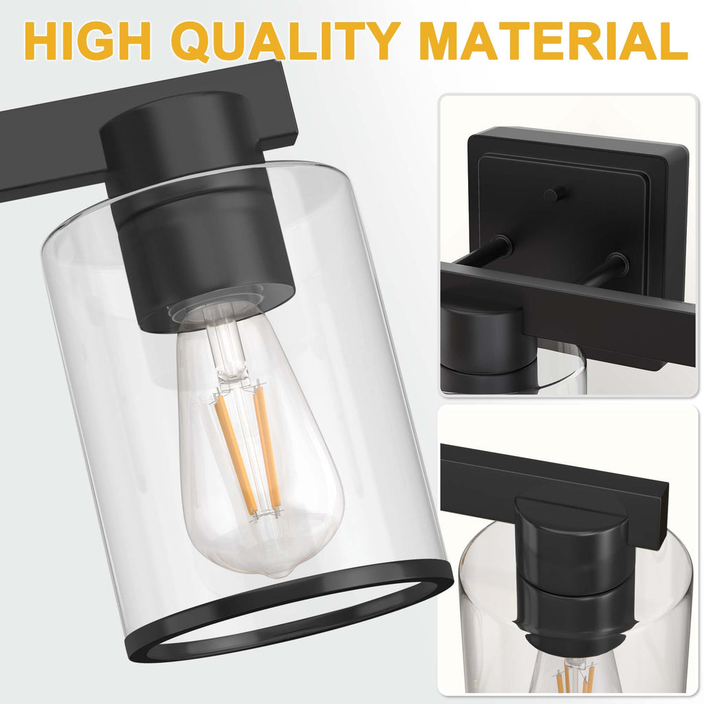 Jandcase 3-Light Industrial Bathroom Vanity Light Matte Black Glass Wall Fixture ETL Certified E26