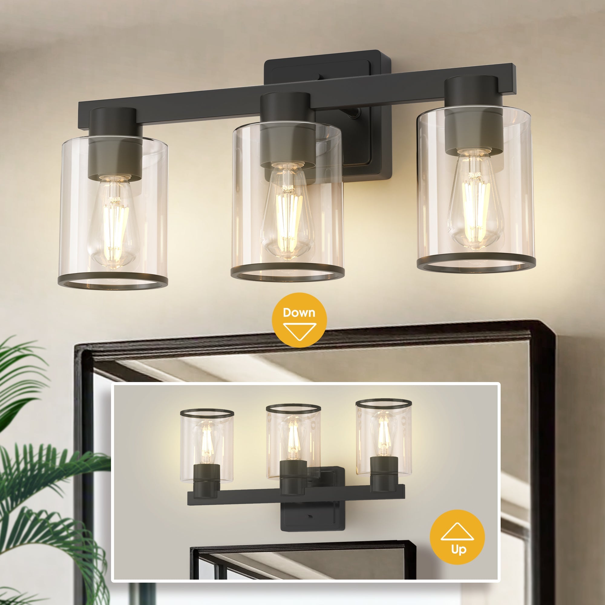 Jandcase 3-Light Industrial Bathroom Vanity Light Matte Black Glass Wall Fixture ETL Certified E26