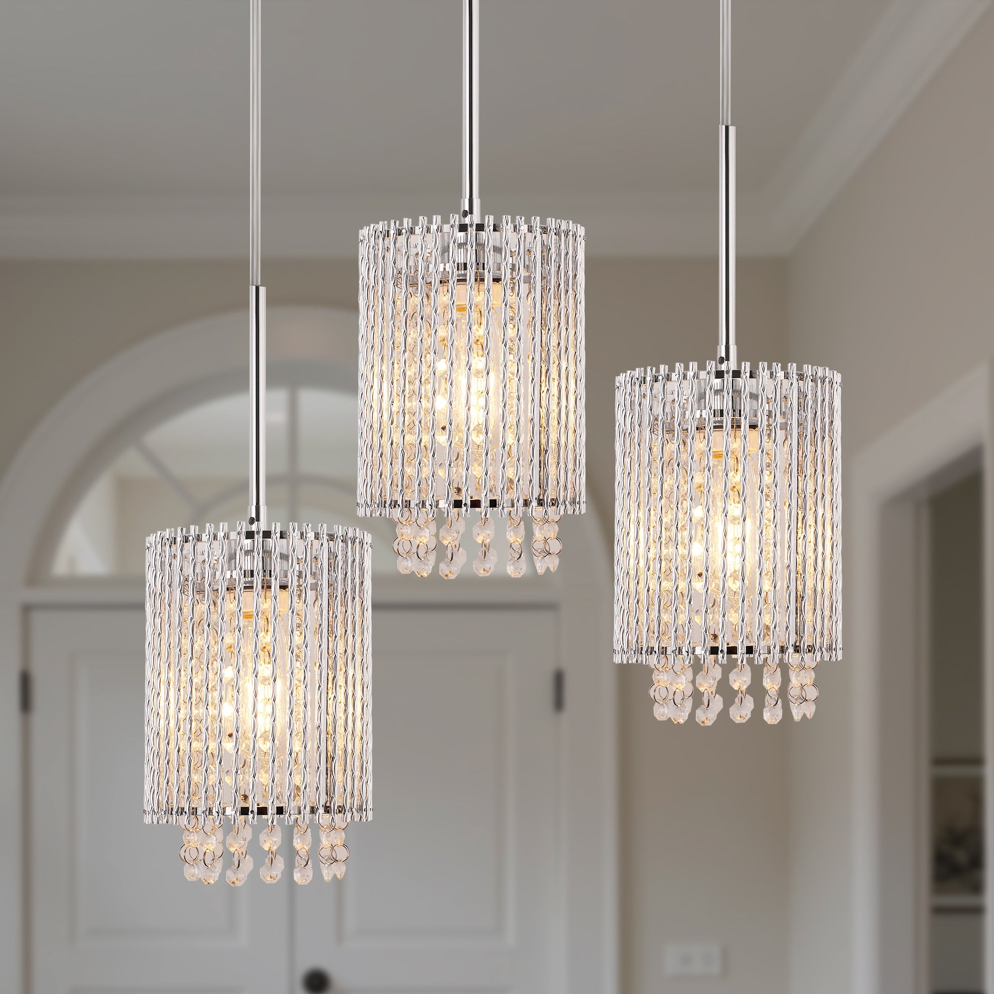 Jandcase Modern 3-Light Pendant Lighting Set, White Chrome Twisted Cylinder Aluminum Ceiling Lights 6.3in, E26 Base Indoor Kitchen Island Hanging Fixture 110-120V