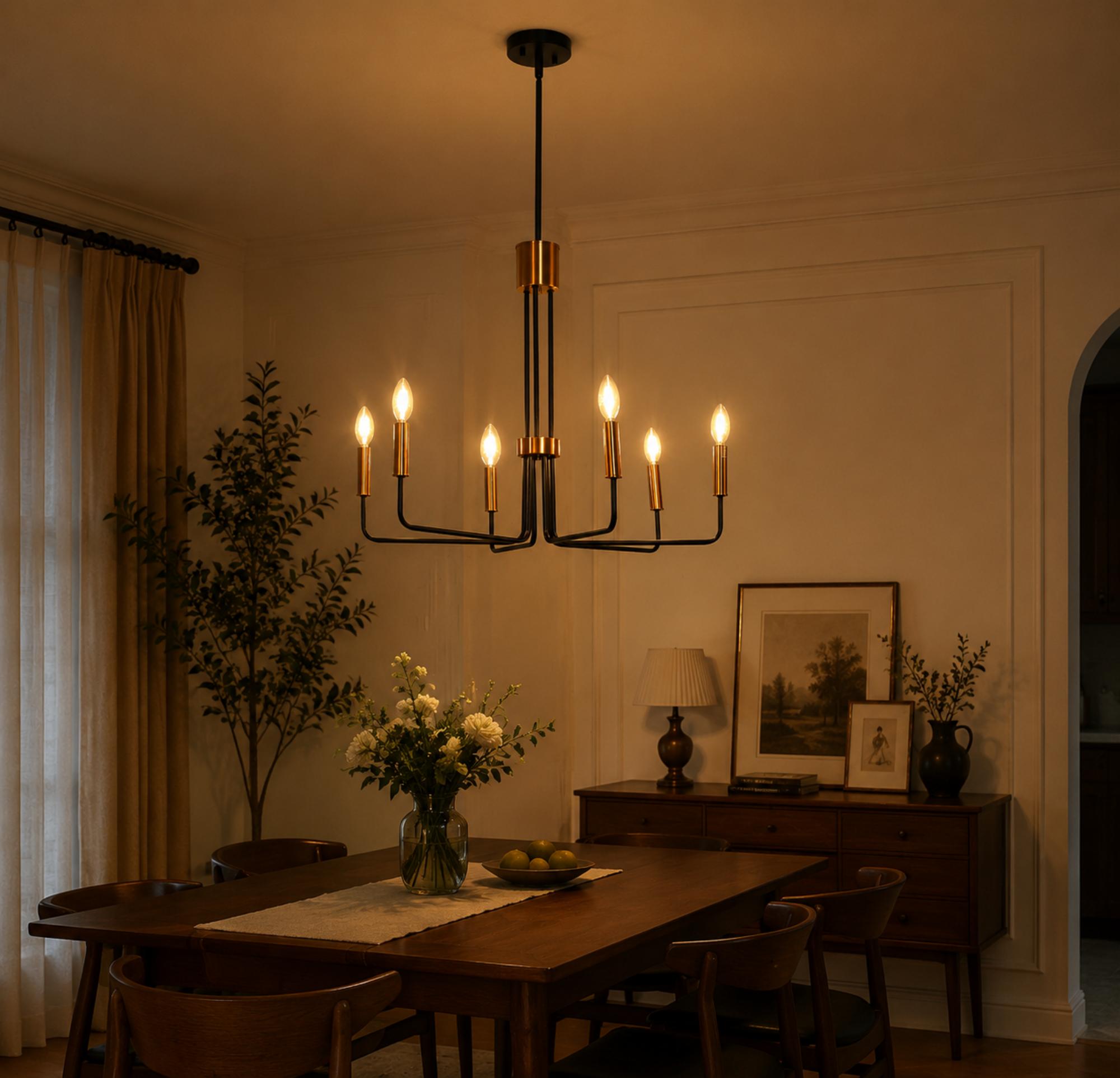 Jandcase 6-Light Black Gold Branch Chandelier ETL Certified Modern Ceiling Pendant Light E12