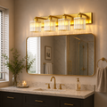 Jandcase 4-Light LED Bathroom Vanity Light Brass Finish Modern Mirror Light with Square Crystal Shades Integrated LED Wall Fixture