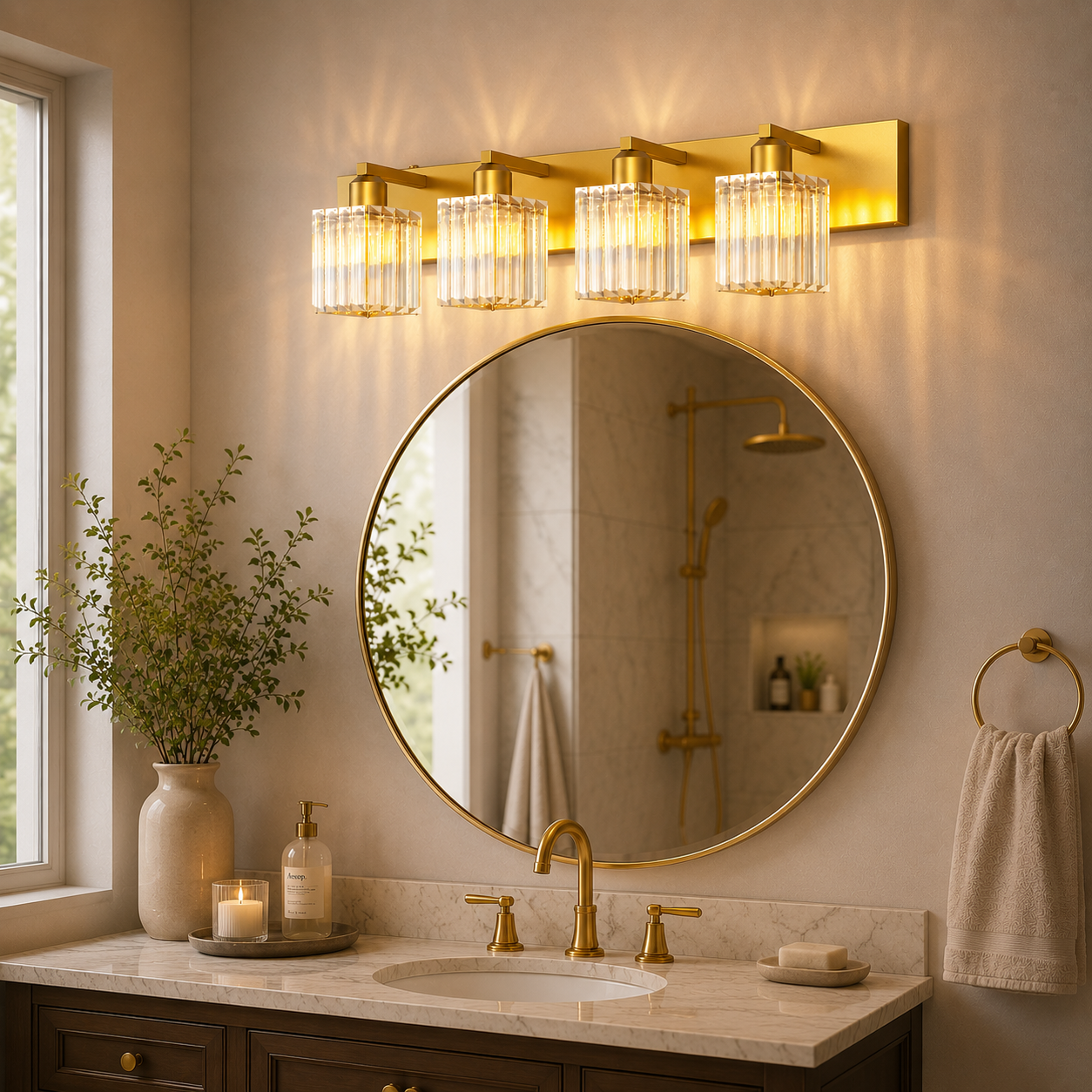 Jandcase 4-Light LED Bathroom Vanity Light Brass Finish Modern Mirror Light with Square Crystal Shades Integrated LED Wall Fixture