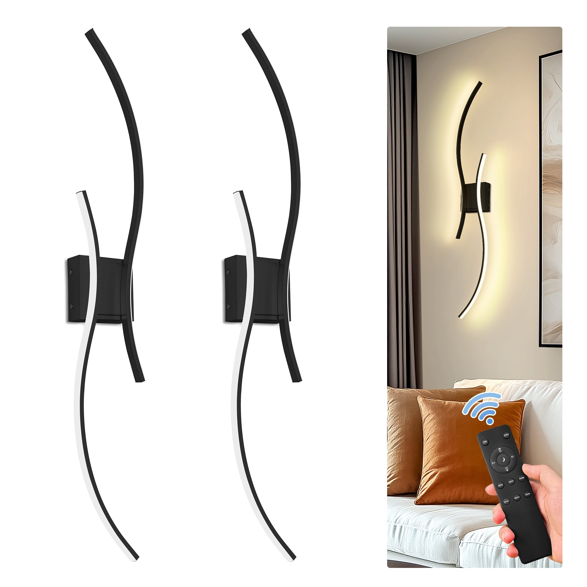 Jandcase 2-Pack LED Wave Wall Light, 39.37in Matte Black Finish, Built-in Dimmable & Color Changing, Touch & Remote Control, Memory & Timer