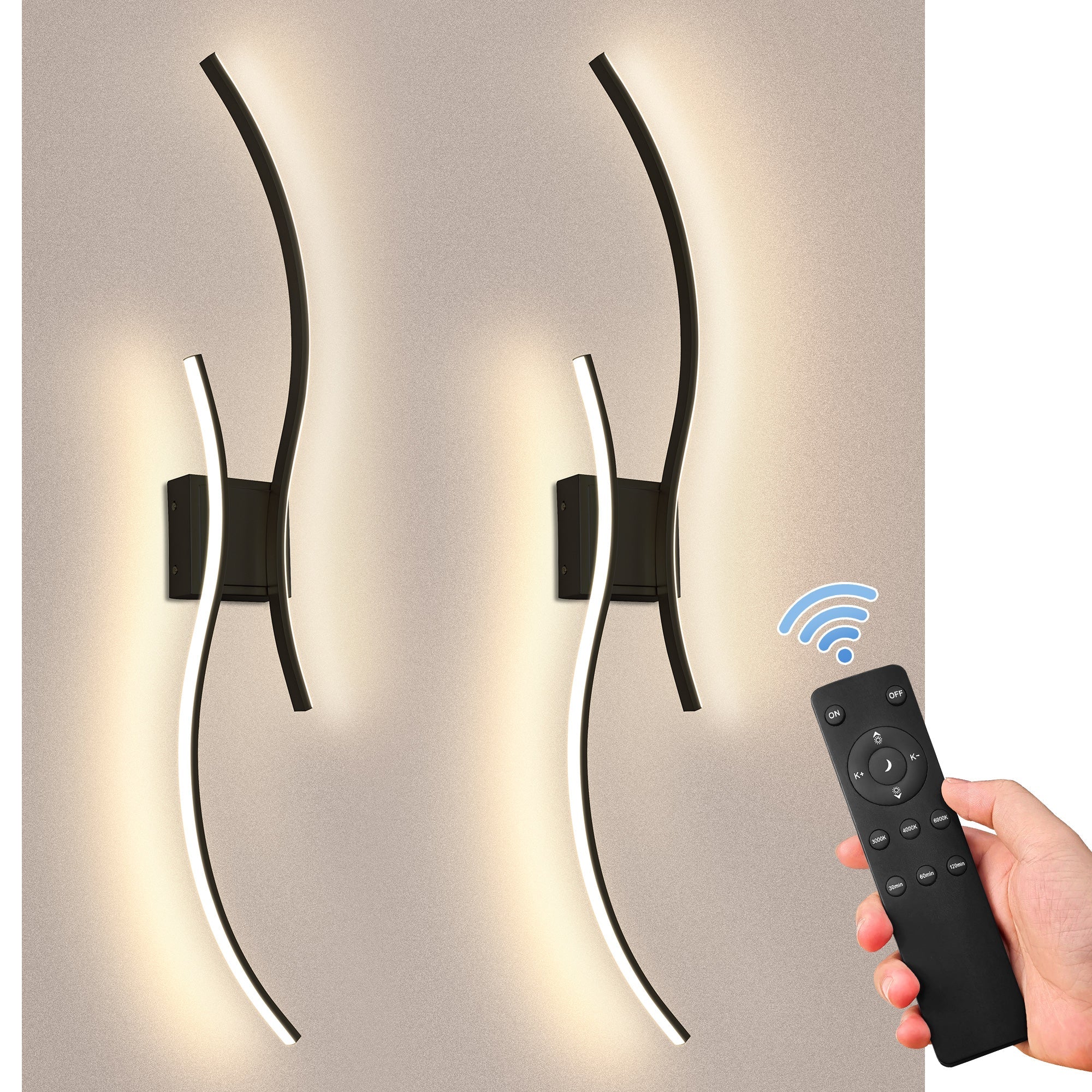 Jandcase 2-Pack LED Wave Wall Light, 39.37in Matte Black Finish, Built-in Dimmable & Color Changing, Touch & Remote Control, Memory & Timer
