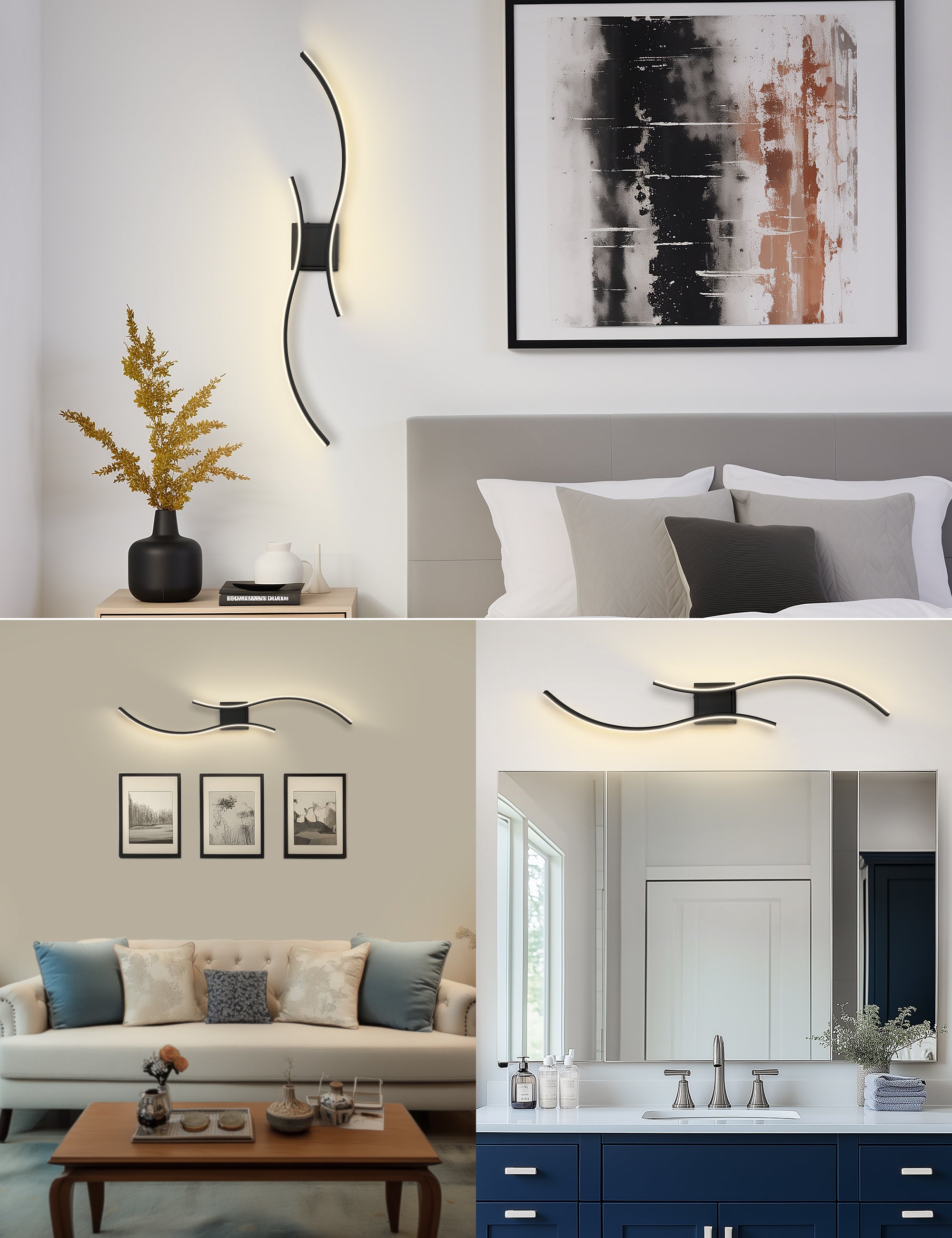 Jandcase 2-Pack LED Wave Wall Light, 39.37in Matte Black Finish, Built-in Dimmable & Color Changing, Touch & Remote Control, Memory & Timer
