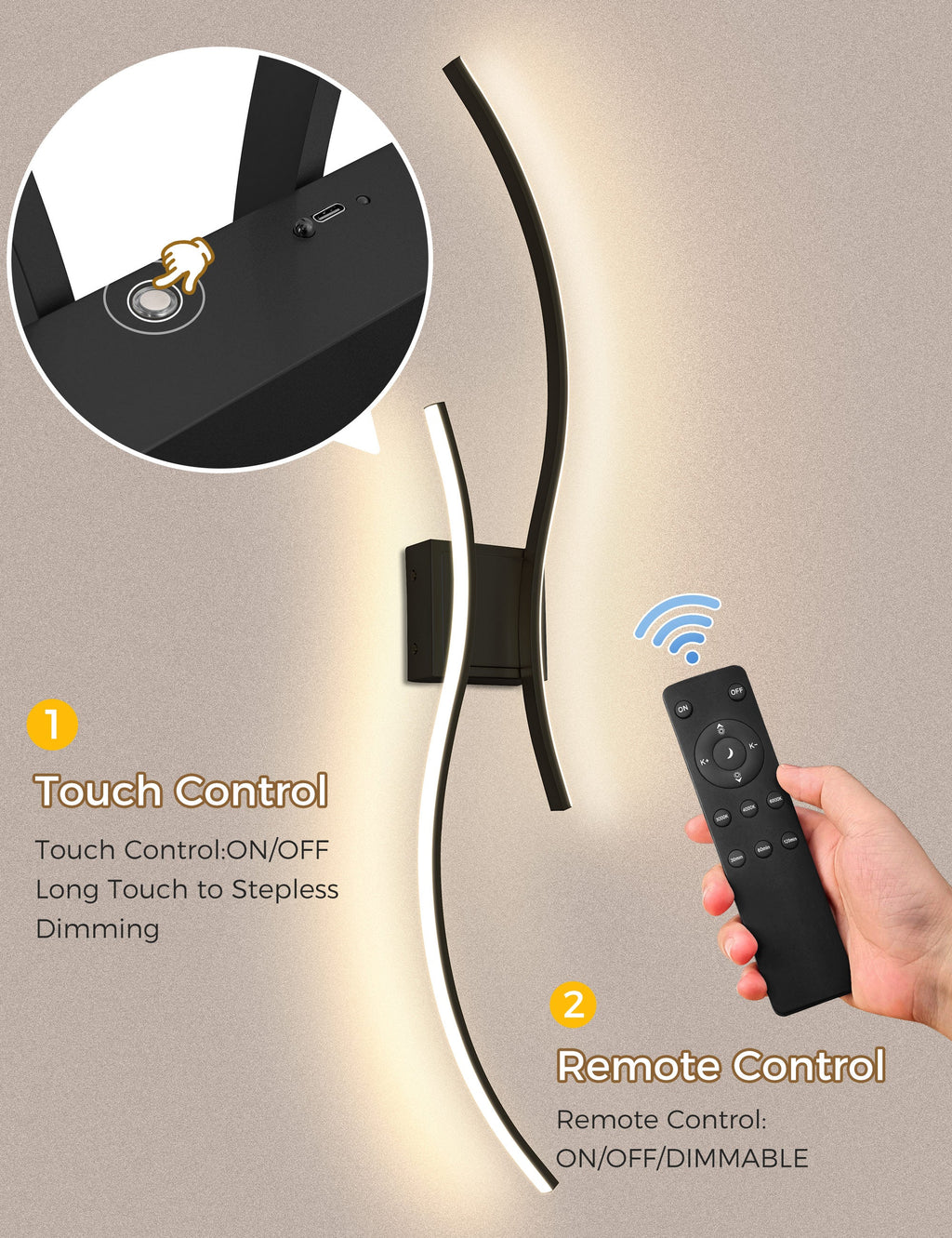 Jandcase 2-Pack LED Wave Wall Light, 39.37in Matte Black Finish, Built-in Dimmable & Color Changing, Touch & Remote Control, Memory & Timer