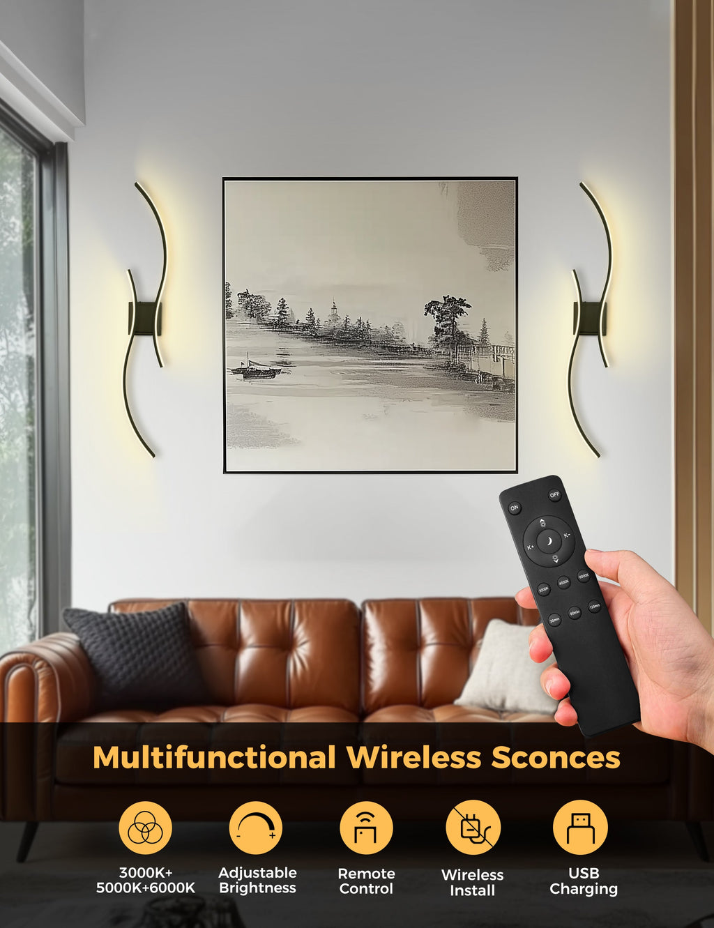 Jandcase 2-Pack LED Wave Wall Light, 39.37in Matte Black Finish, Built-in Dimmable & Color Changing, Touch & Remote Control, Memory & Timer
