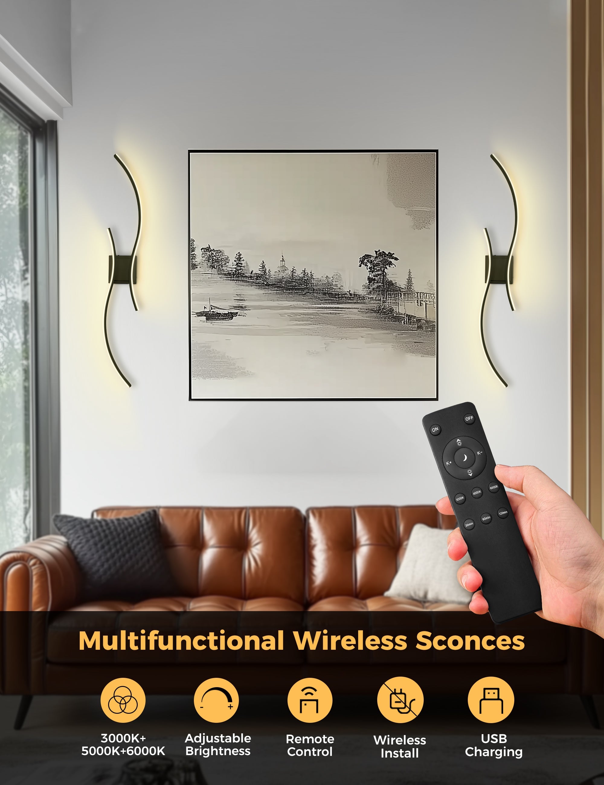 Jandcase 2-Pack LED Wave Wall Light, 39.37in Matte Black Finish, Built-in Dimmable & Color Changing, Touch & Remote Control, Memory & Timer