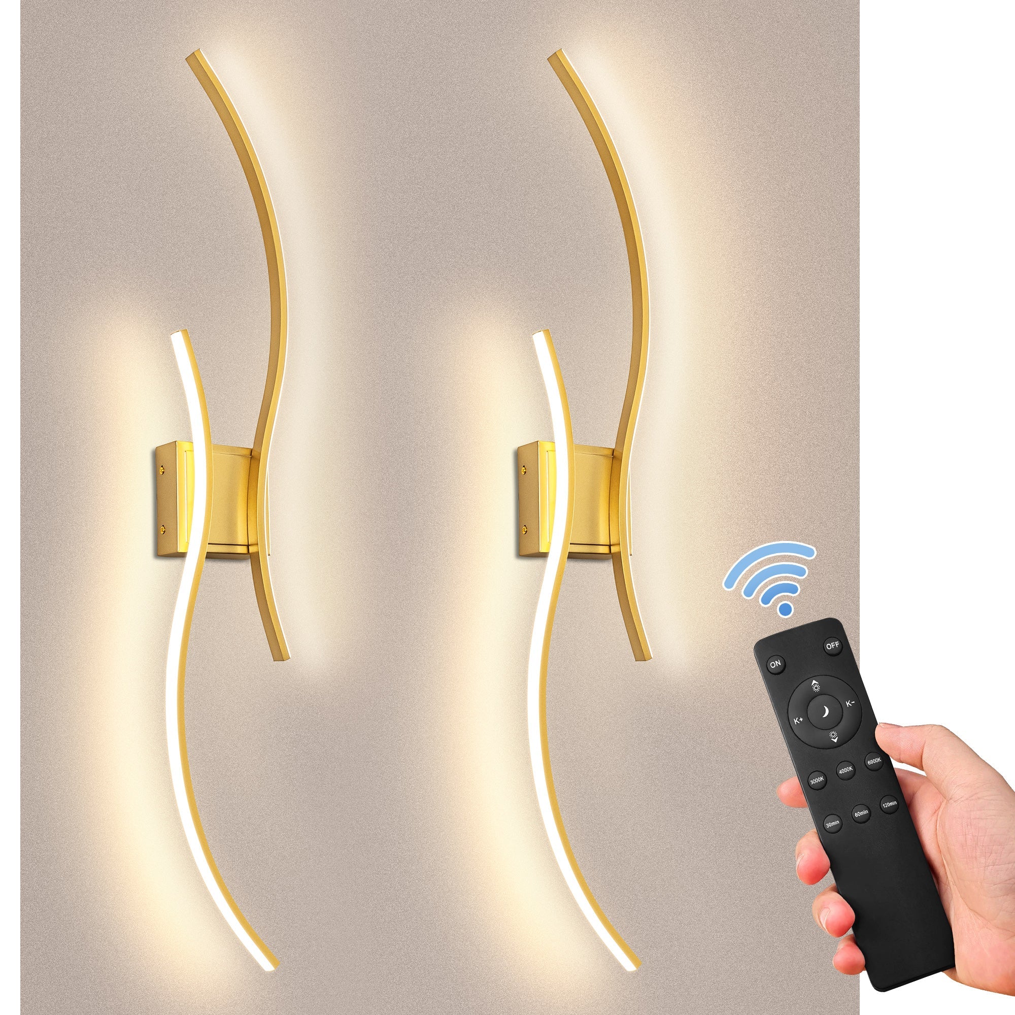 Jandcase 2-Pack LED Wave Wall Light, 39.37in Gold Finish, Built-in Dimmable & Color Changing, Touch & Remote Control, Memory & Timer Function