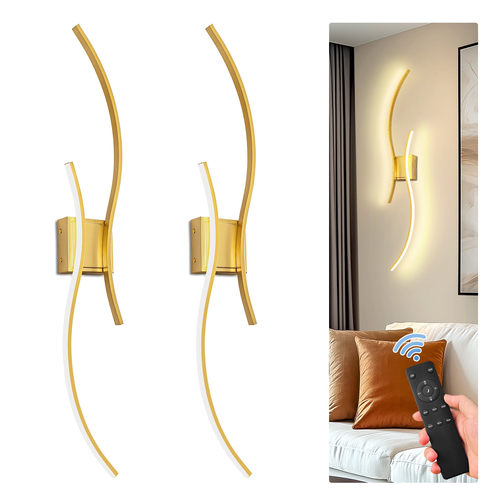 Jandcase 2-Pack LED Wave Wall Light, 39.37in Gold Finish, Built-in Dimmable & Color Changing, Touch & Remote Control, Memory & Timer Function