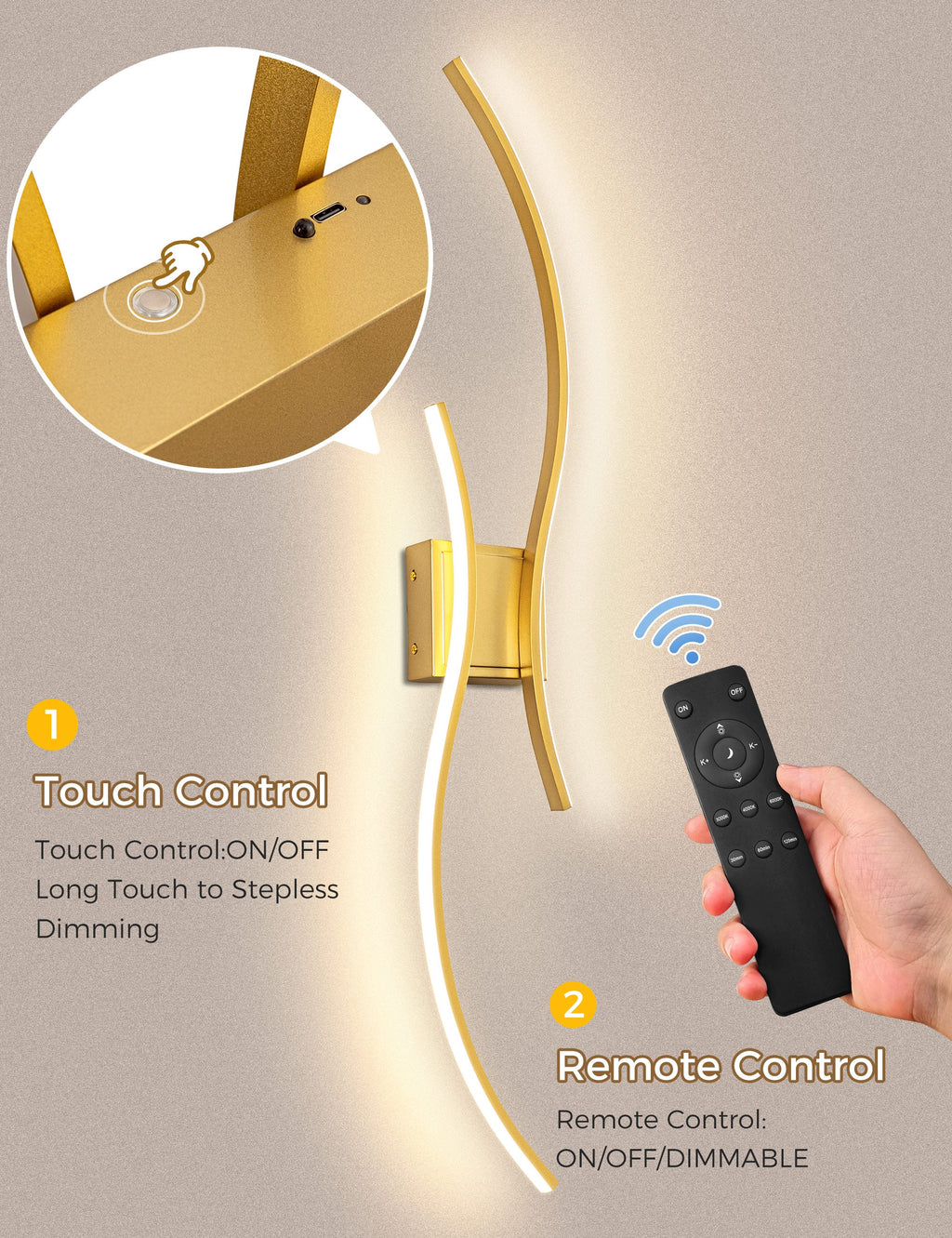 Jandcase 2-Pack LED Wave Wall Light, 39.37in Gold Finish, Built-in Dimmable & Color Changing, Touch & Remote Control, Memory & Timer Function