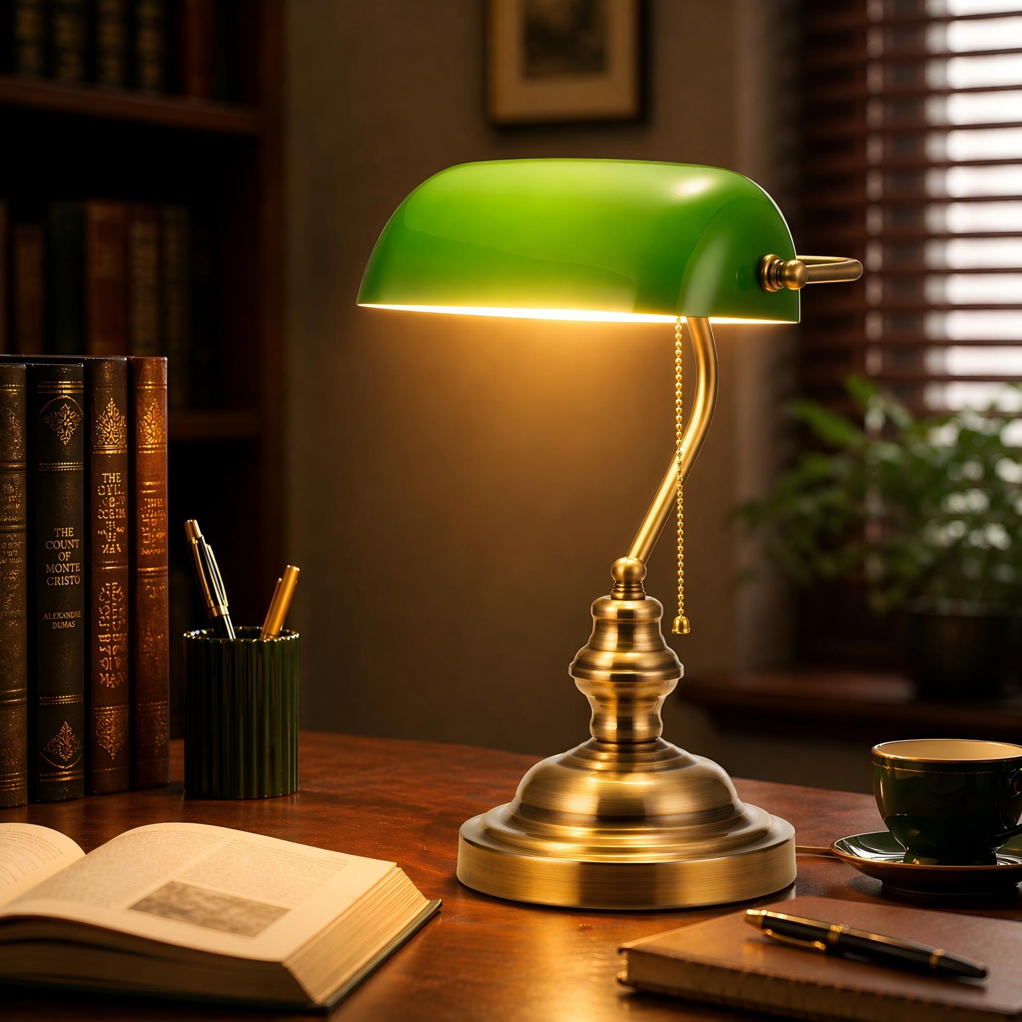 Jandcase 14 in. Vintage Retro Metal Table Lamp with Green Glass Shade, E26 Base for Bedroom, Living Room, and Dining