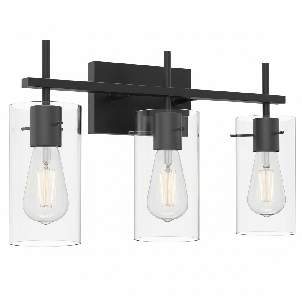 20 in. Black Metal 3-Light Bathroom Vanity Light with Cylindrical Clear Glass Shades for Bathroom, Vanity, or Mirror