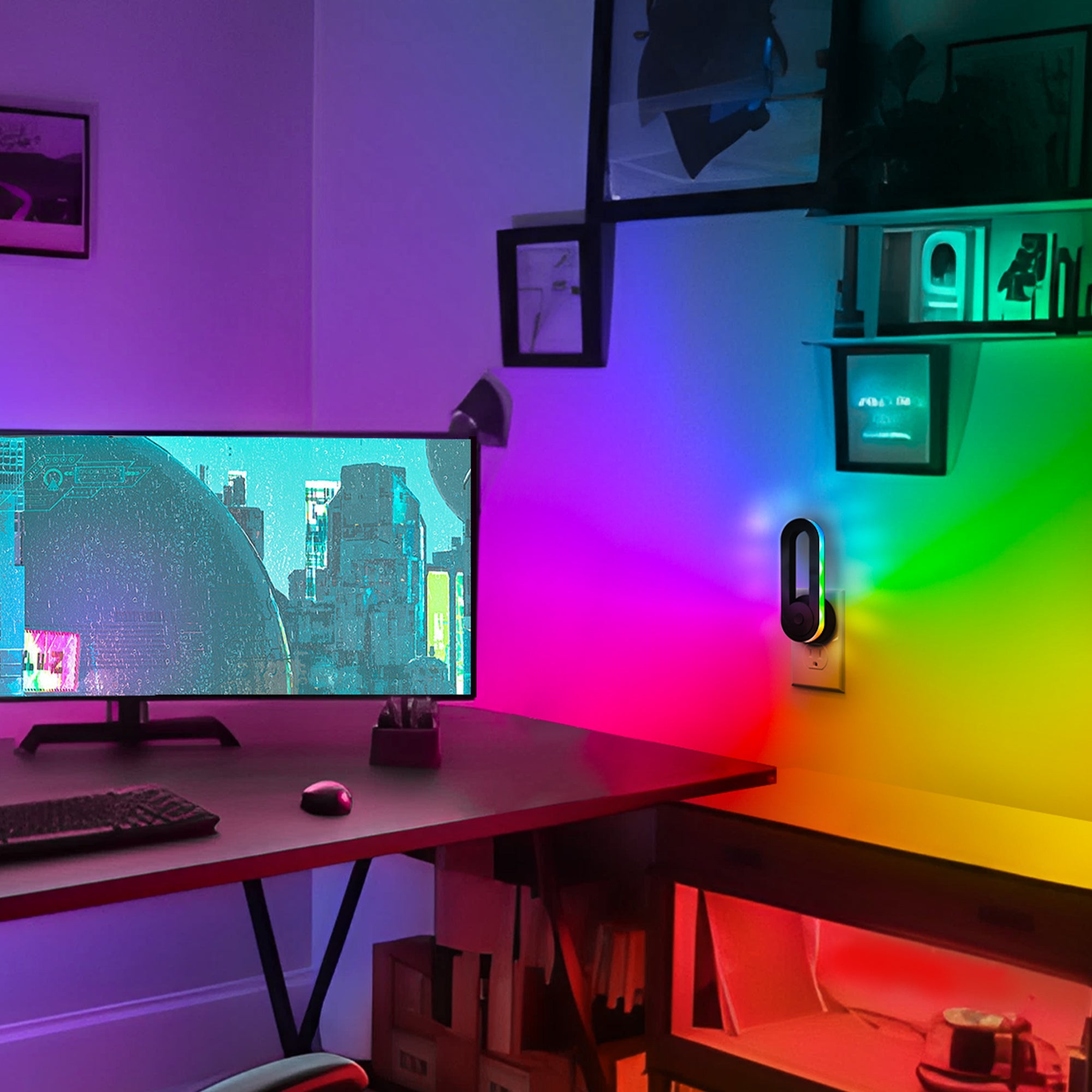 Jandcase 1-Pack RGB Rainbow Running Light Plug-in Night Light with Photocell Sensor 180?? Rotatable Color Changing Wall Night Lamp US Plug